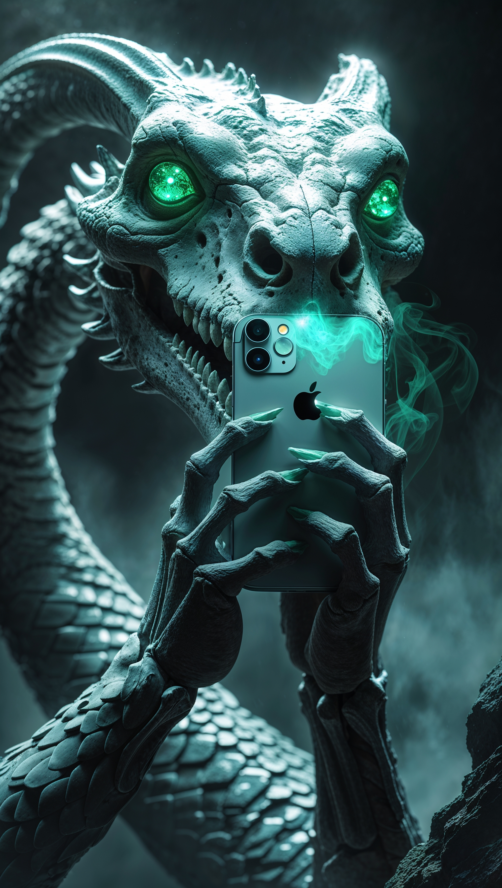 An iPhone in the hand of a mythical creature with a glowing skull