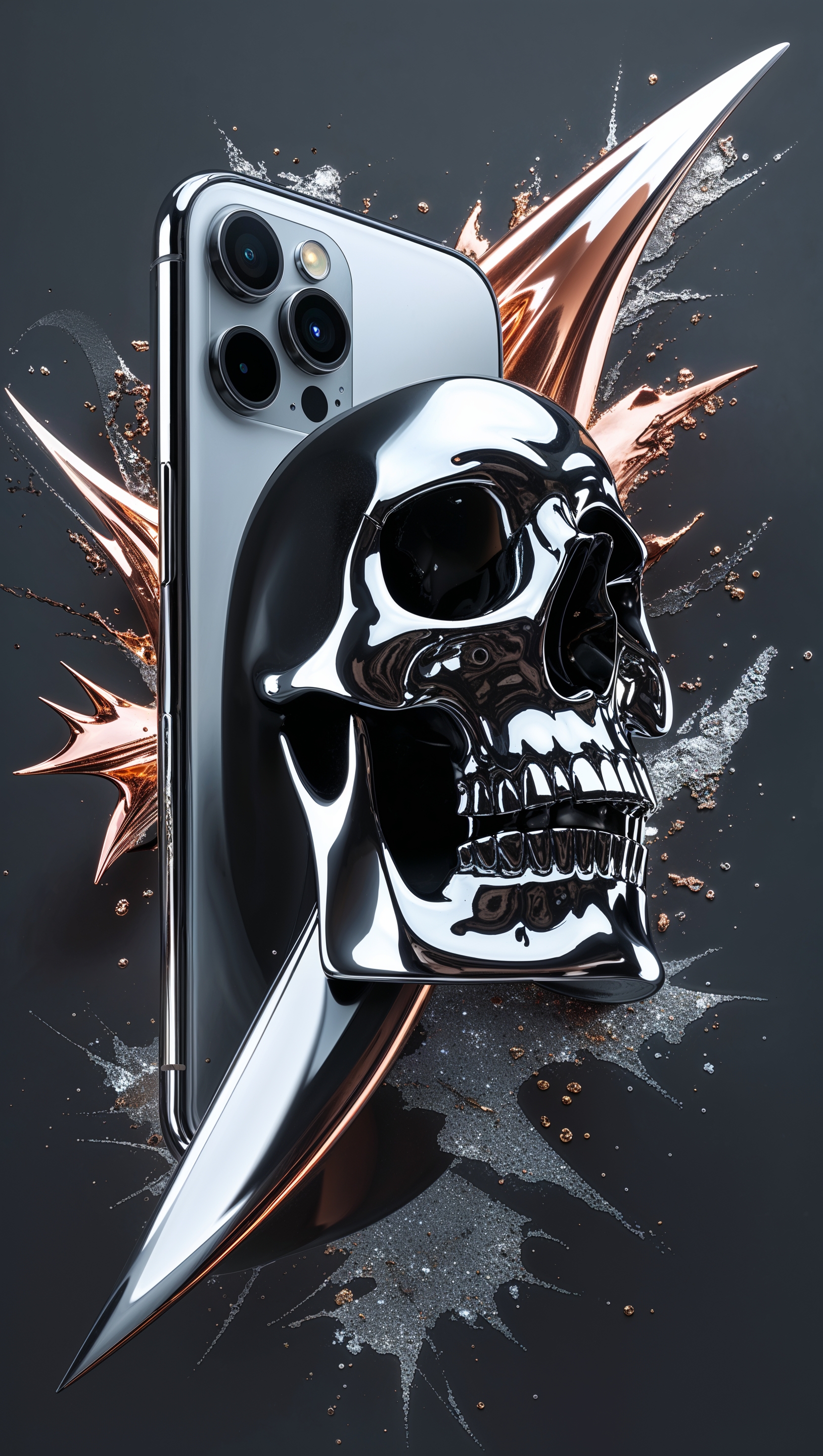 An abstract design of an iPhone and skull with metallic colors
