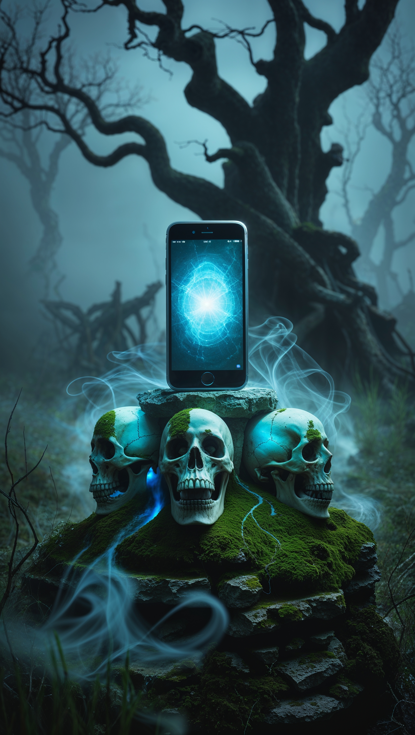 An iPhone in a dark and spooky world with glowing skulls