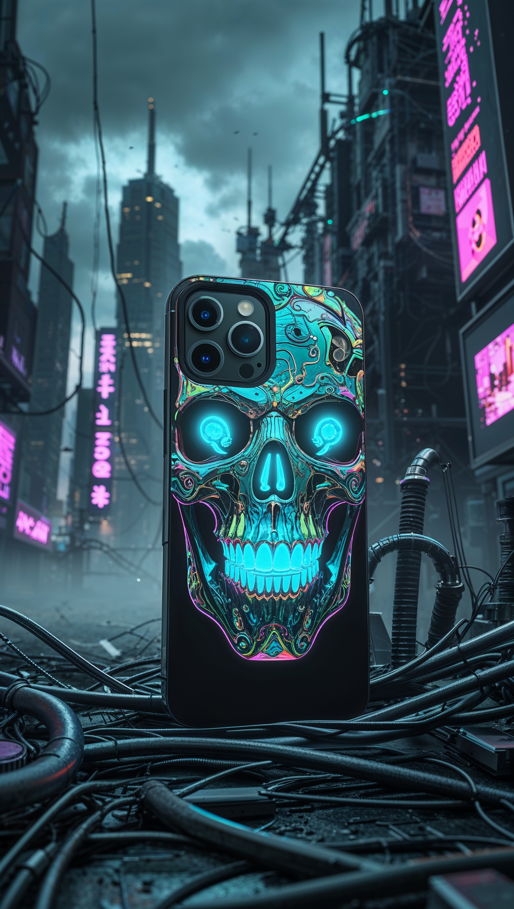 An iPhone with a skull design in a cyberpunk scene