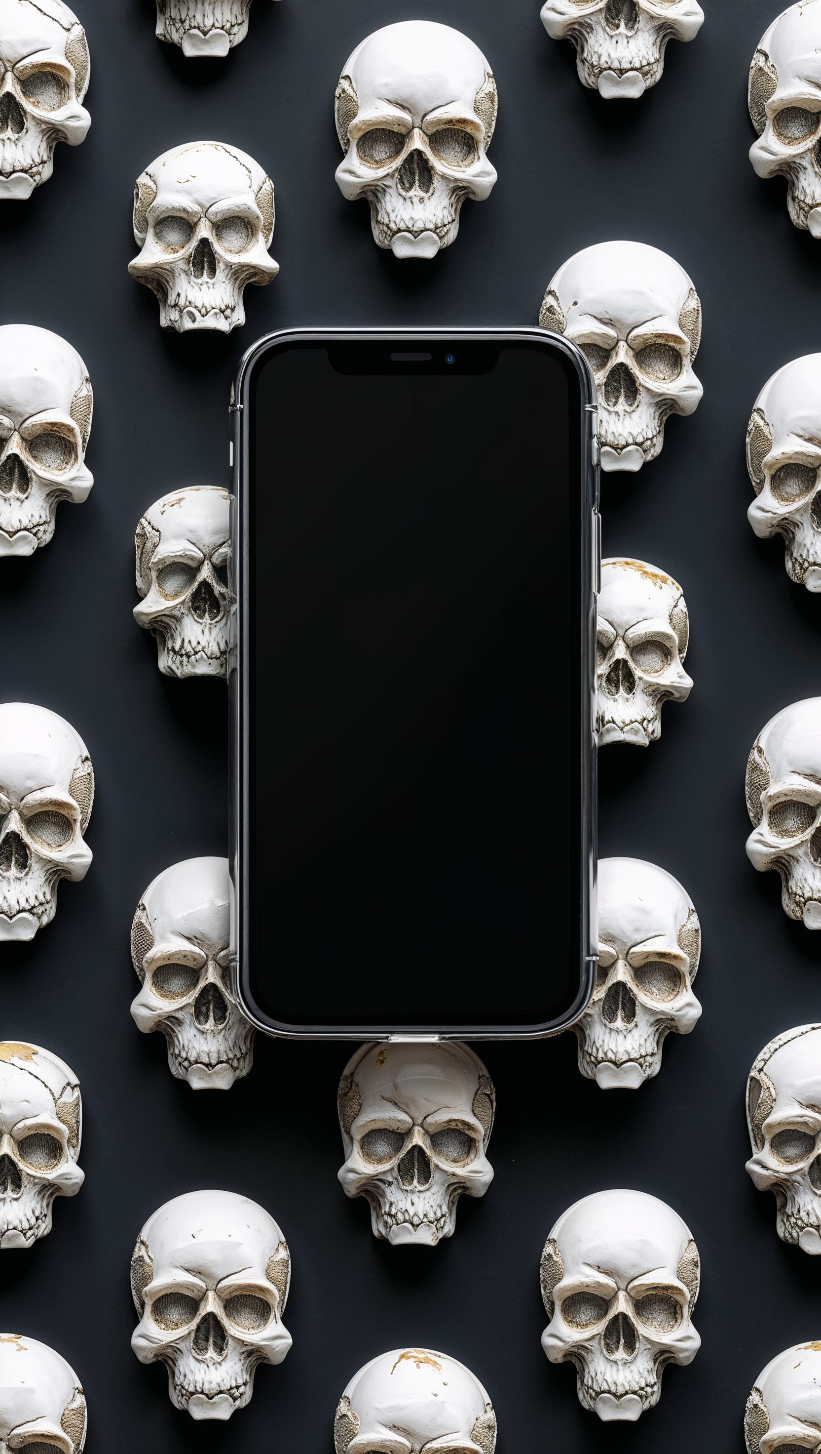 An iPhone with small skull designs on its case