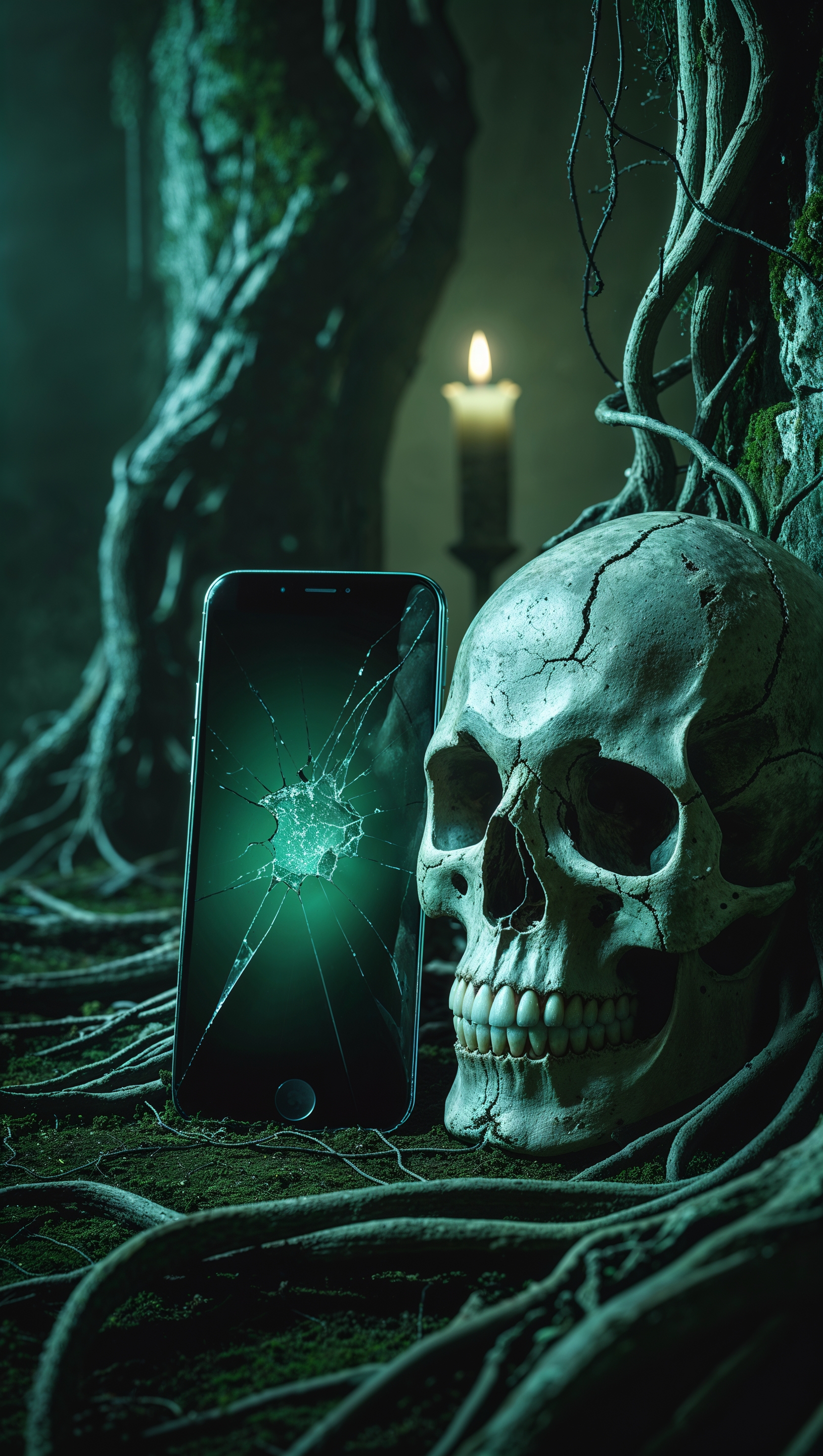 An iPhone next to a skull in a dark and mysterious world