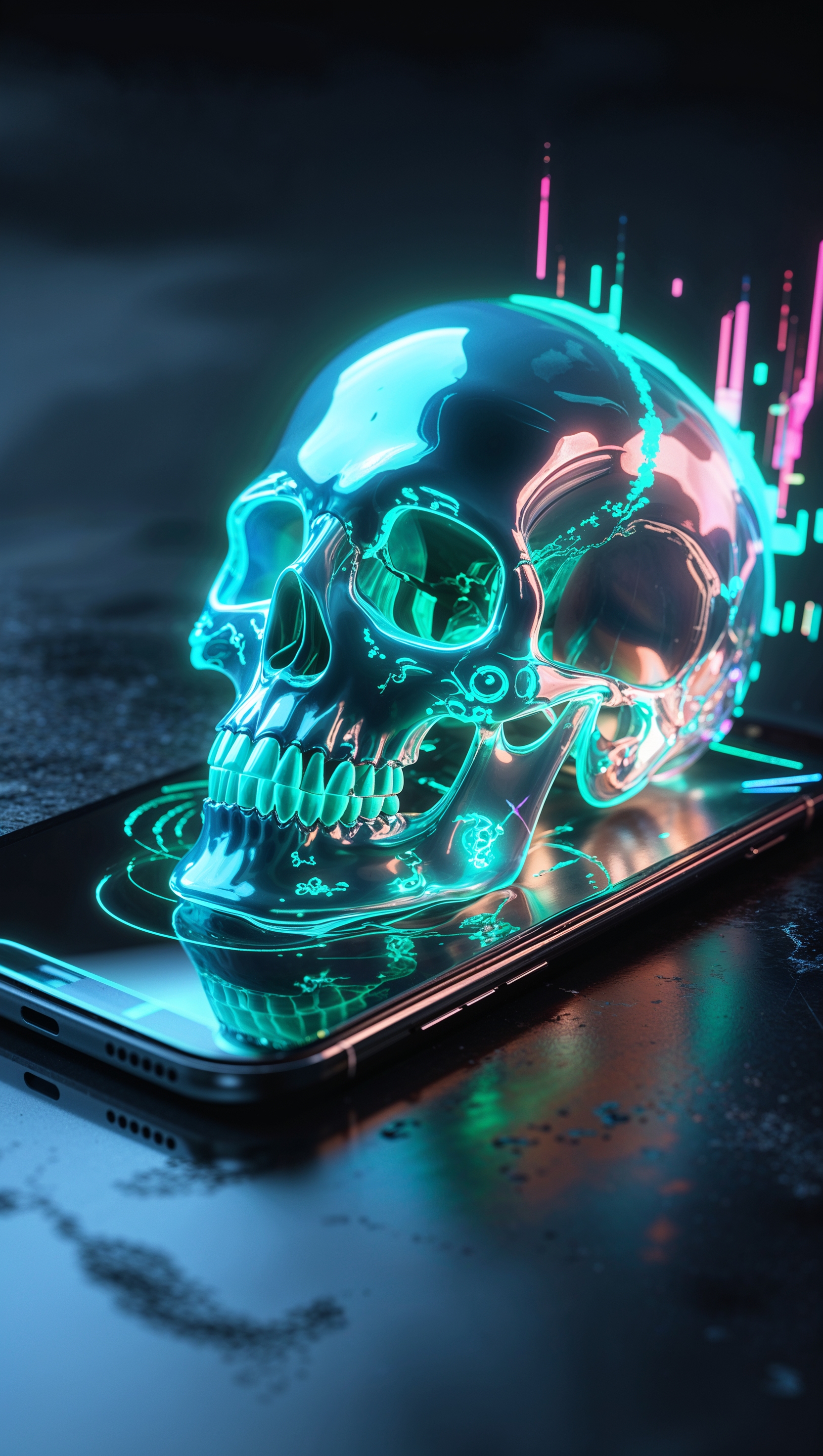 A digital skull emerging from the iPhone screen