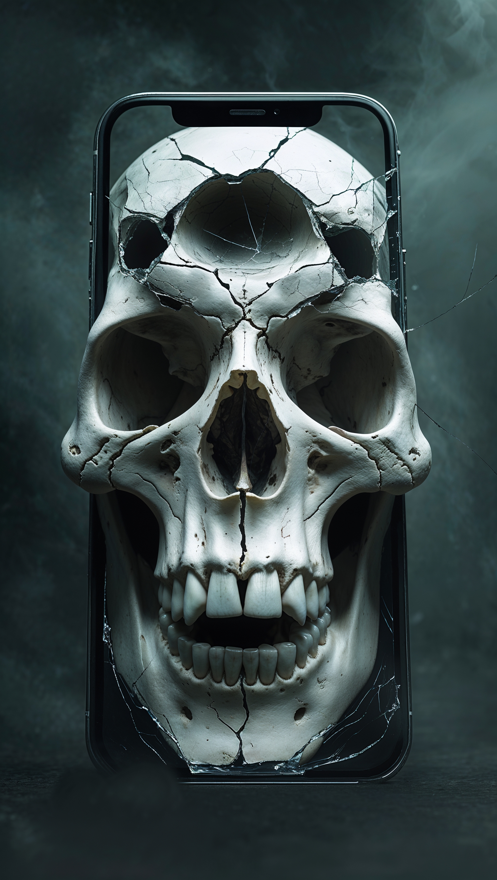 An iPhone with a screen that has turned into a skull