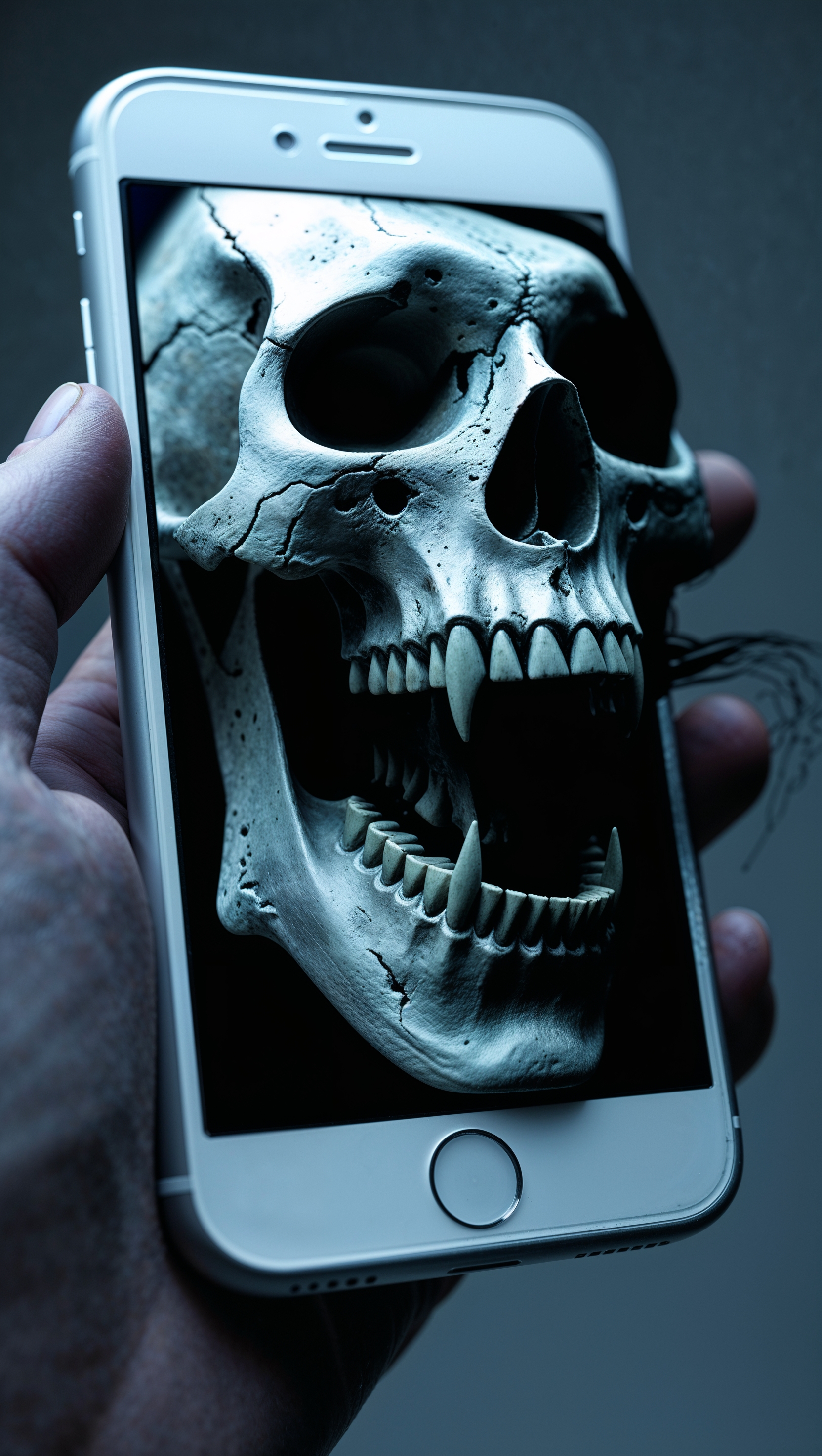 An image of an iPhone where its screen transforms into a skull