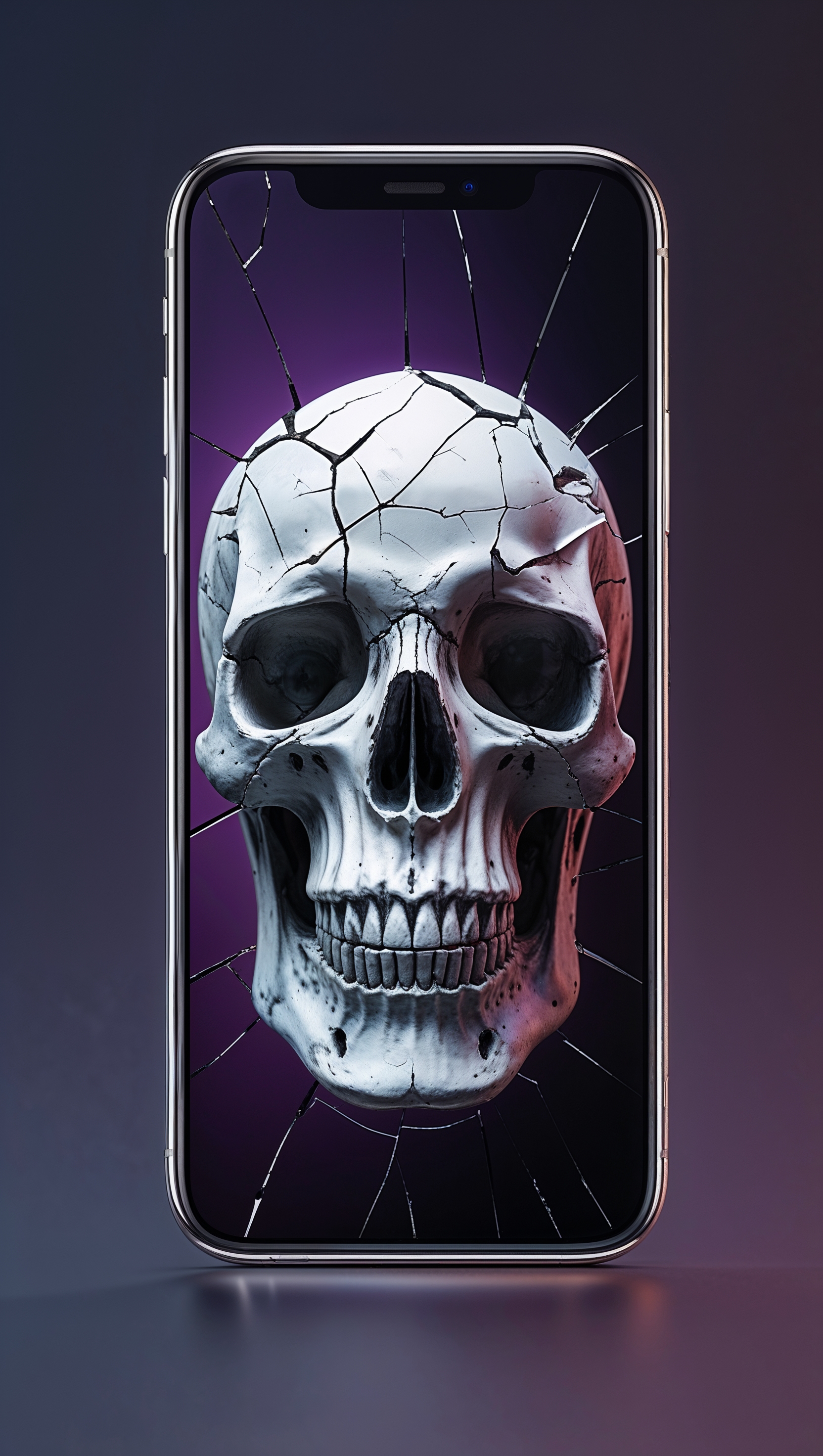 An iPhone with a skull screen that is cracking