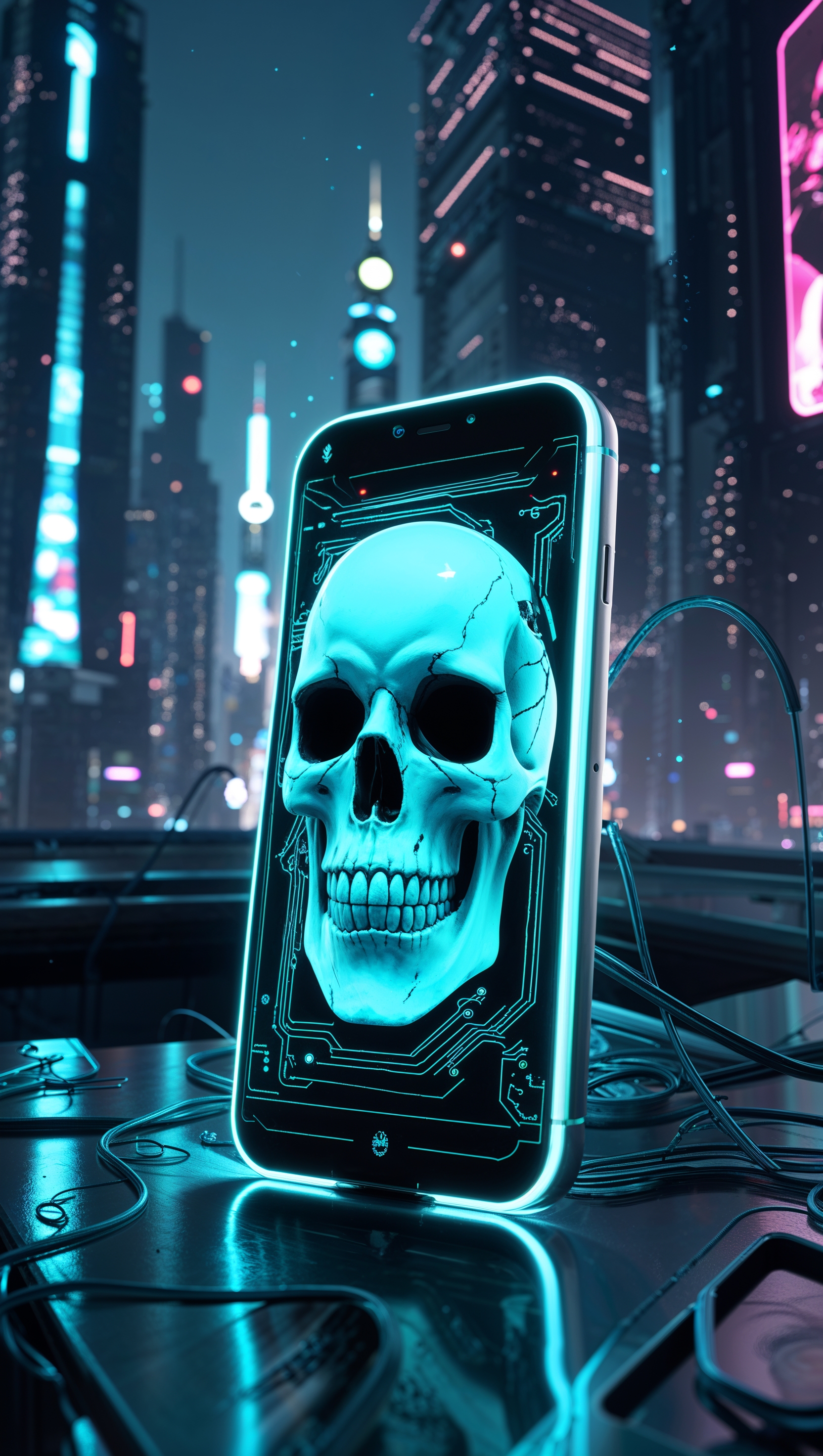 An iPhone with a skull screen in a futuristic world