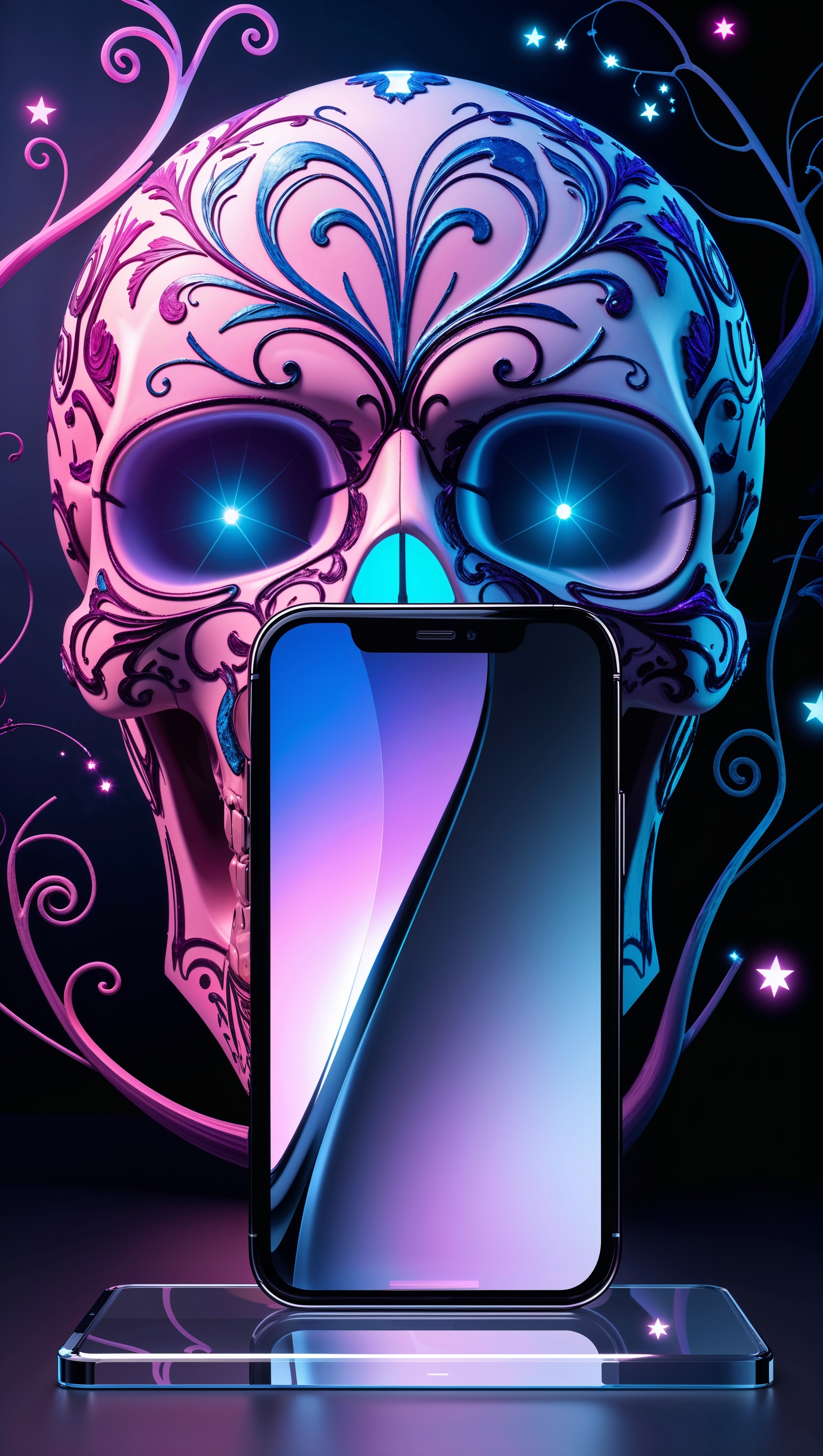 A modern design of an iPhone with a skull in the background