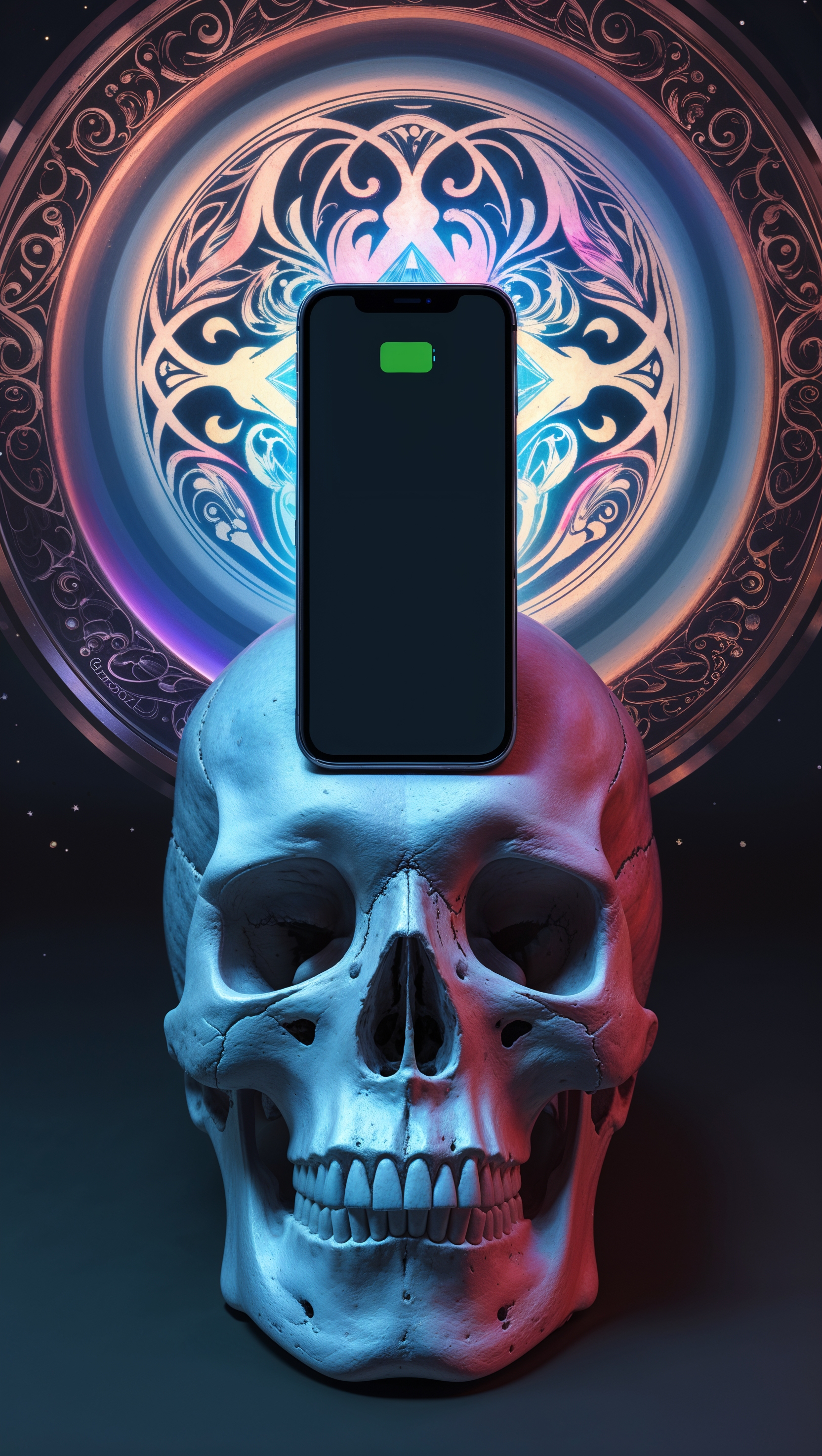 Artistic designs with an iPhone and a skull on it