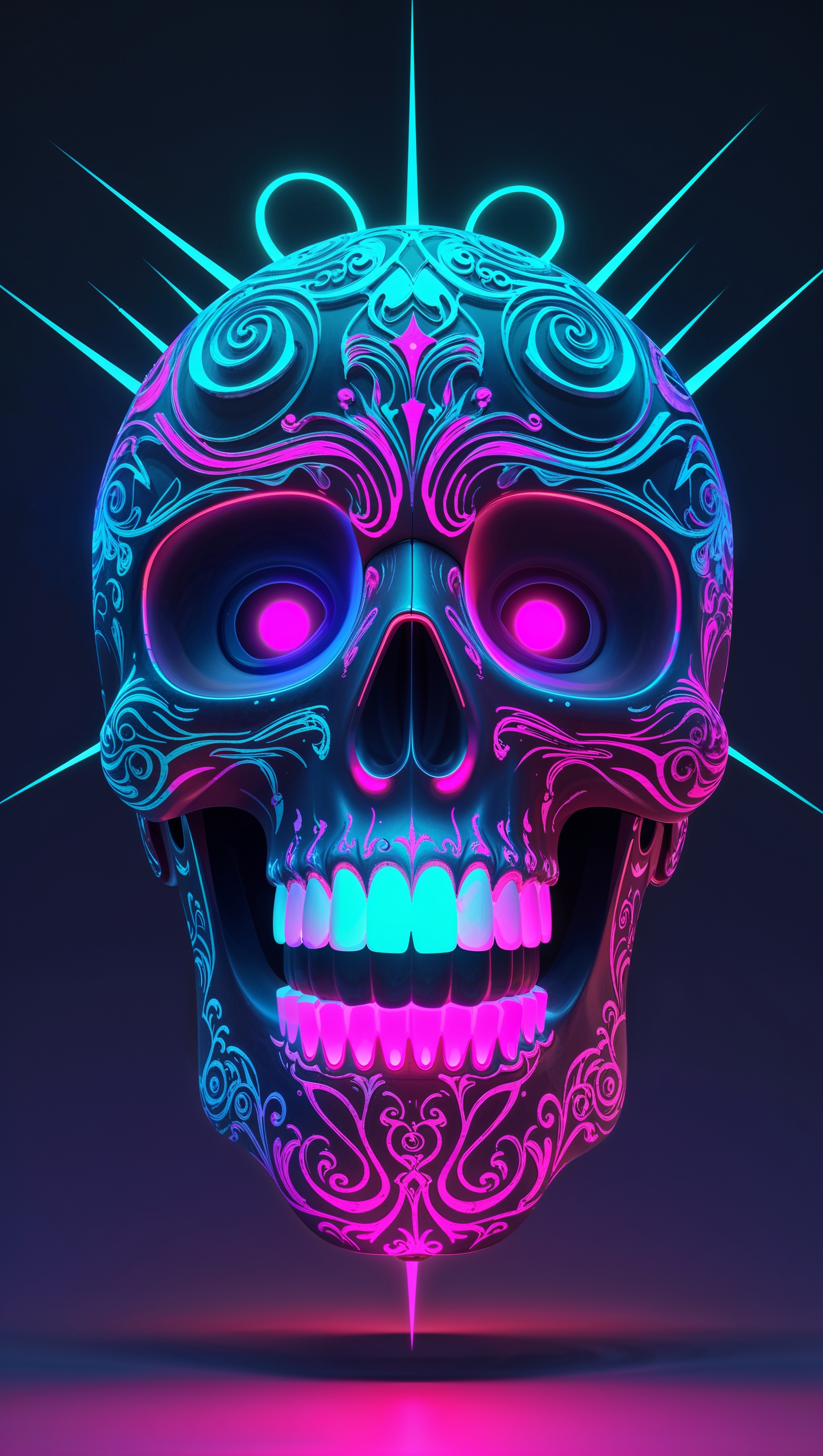 A skull in the background of an iPhone with neon effects