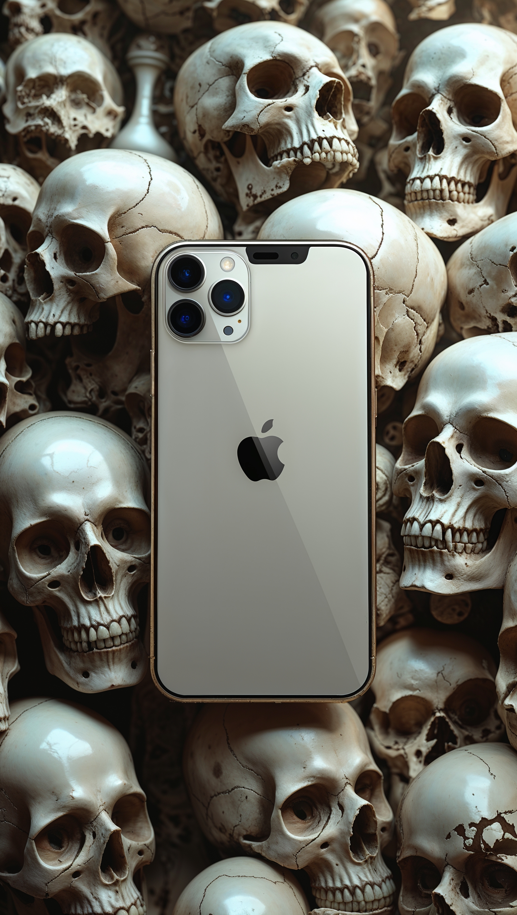 A graphic design of an iPhone in a world of skulls