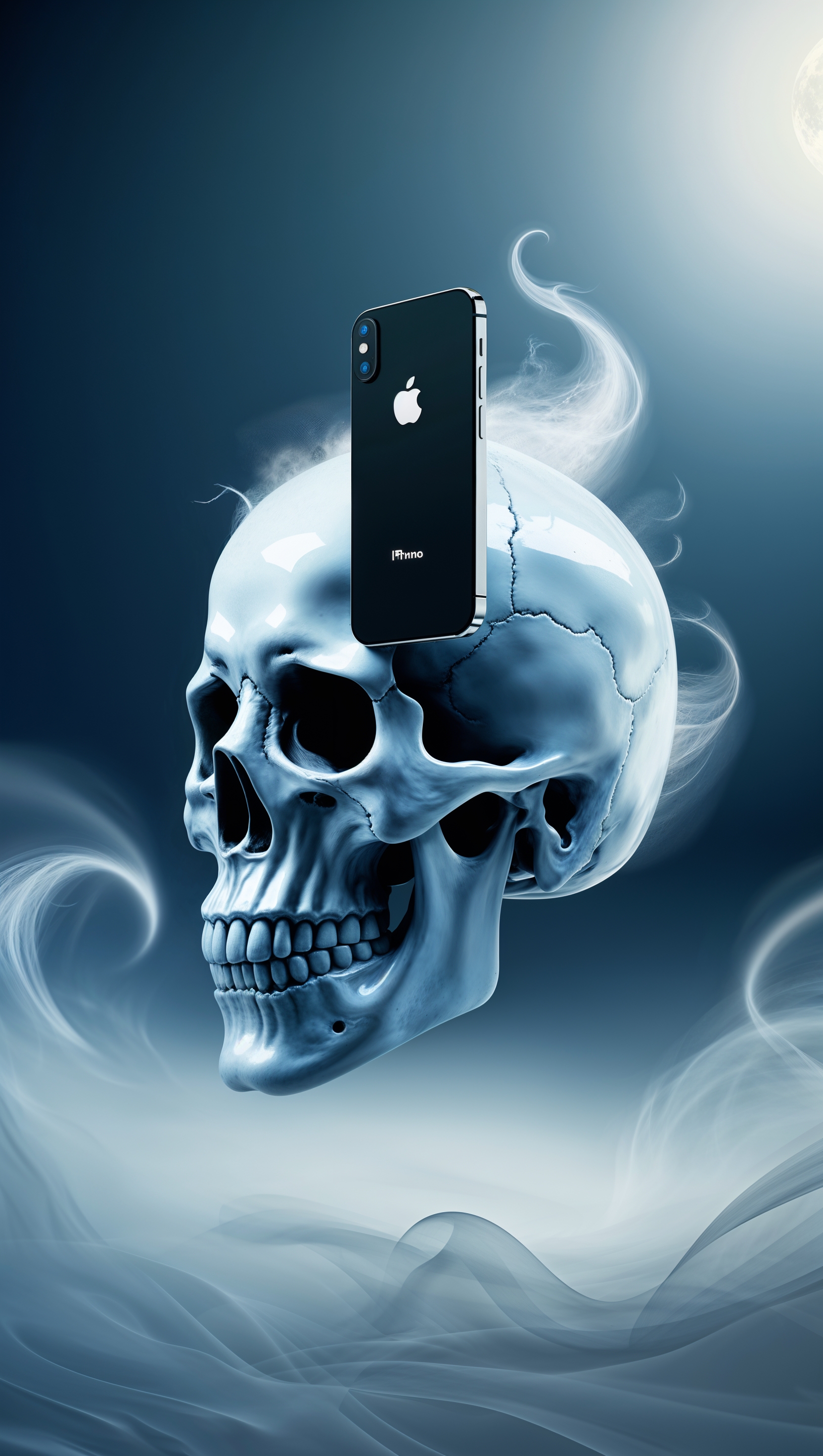 A surrealistic design of an iPhone and skull in a dreamlike scene