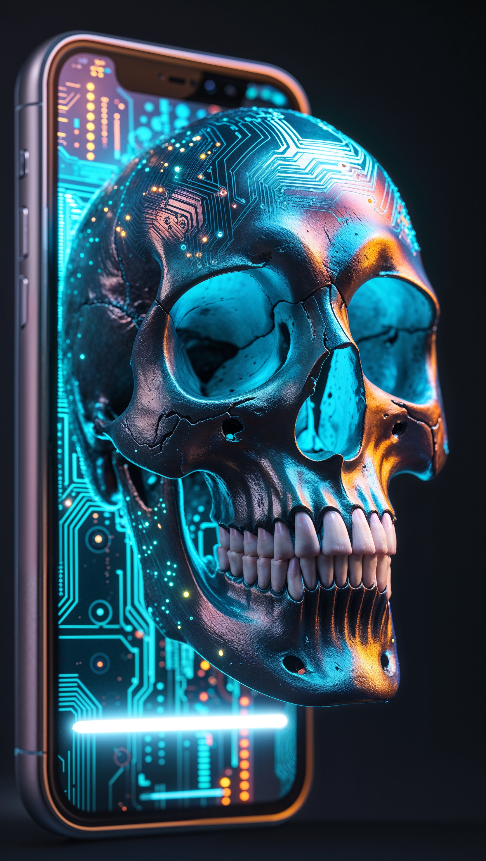 A skull inside an iPhone with a complex digital design