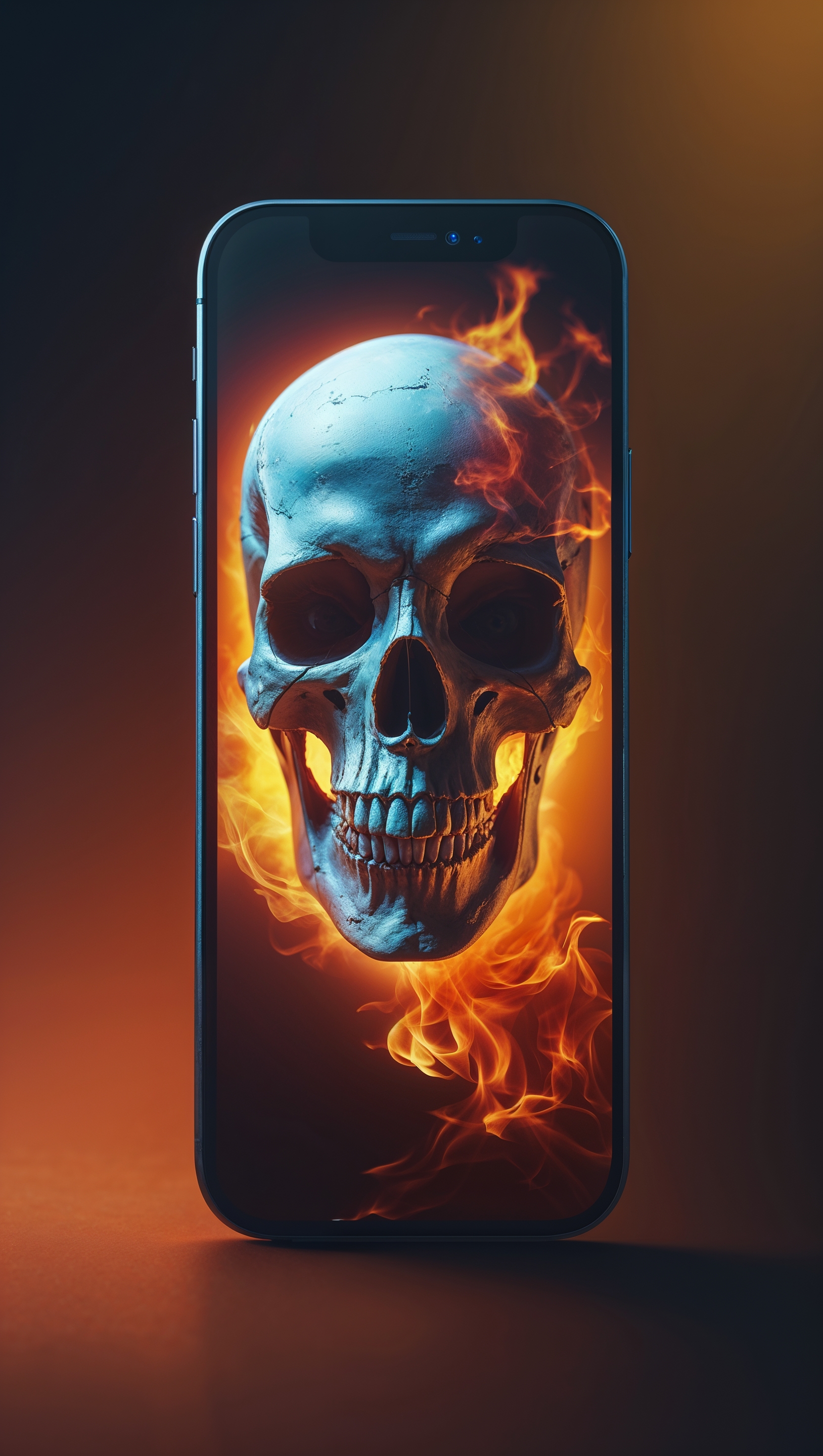 An iPhone with a skull screen and a fiery background