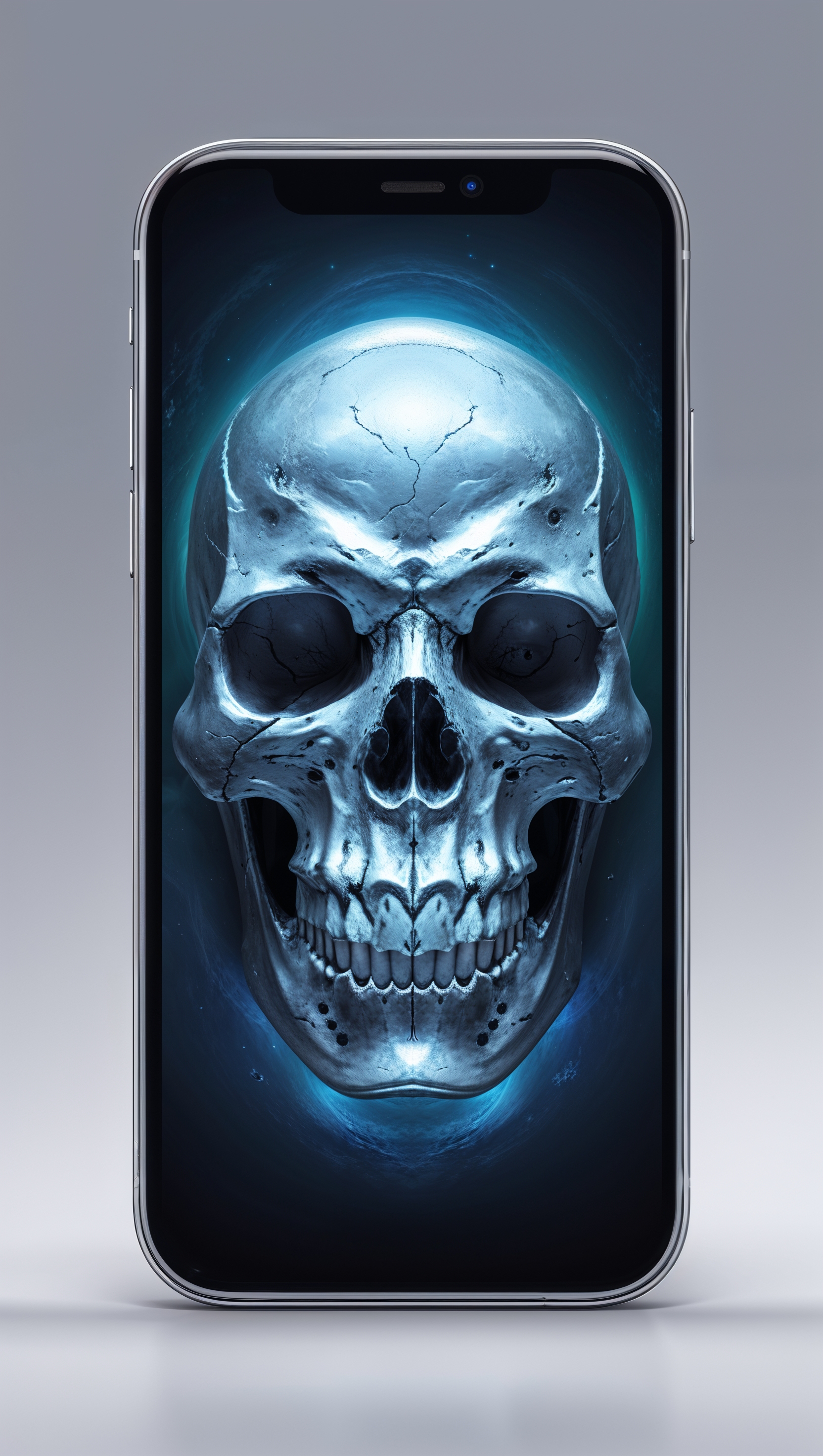 An iPhone with a bright display and a skull in the center