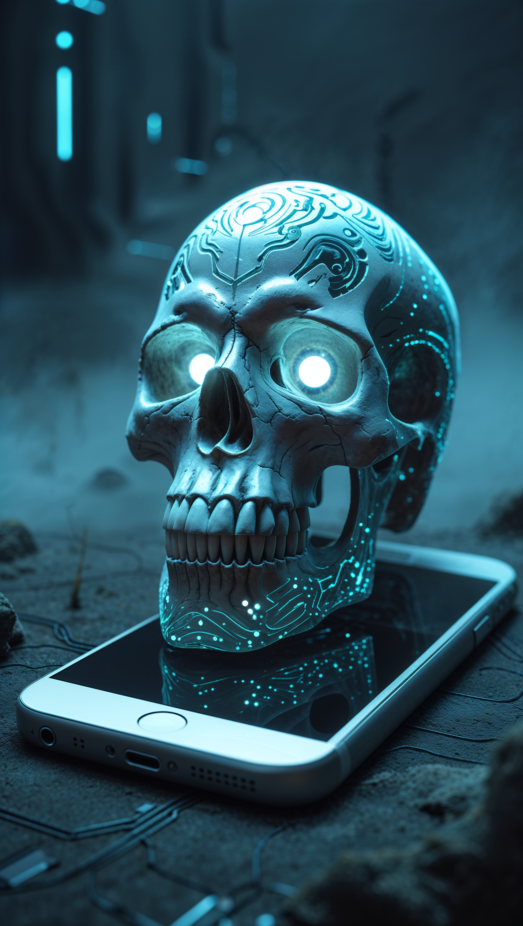 An iPhone with a 3D skull in a virtual world