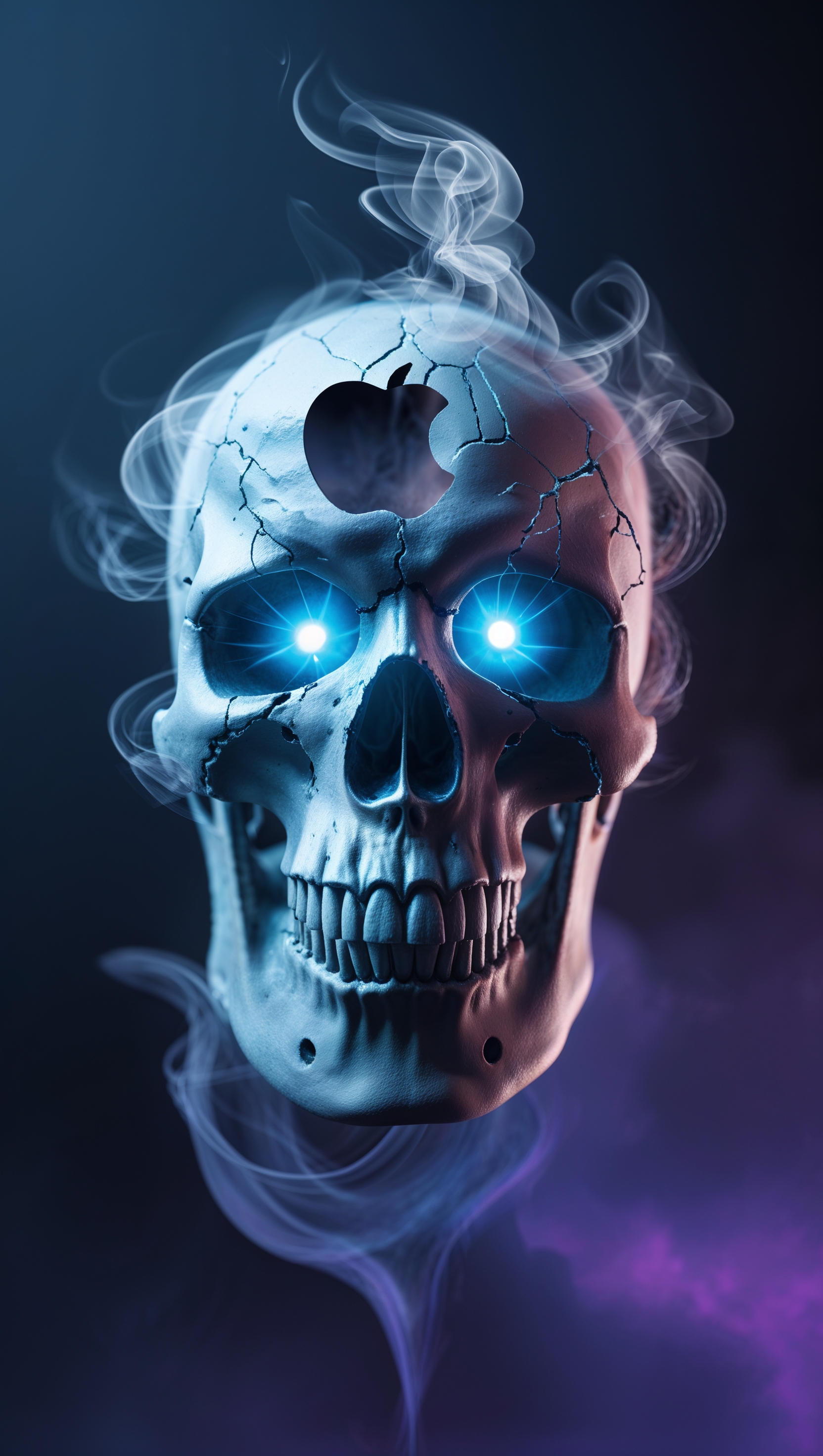 An iPhone with a smoky skull emerging from the screen