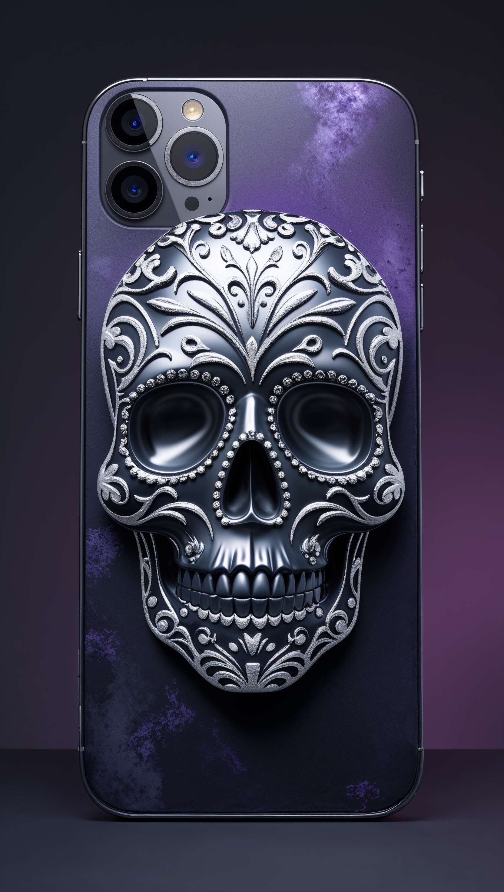 An iPhone with a skull design against a dark background