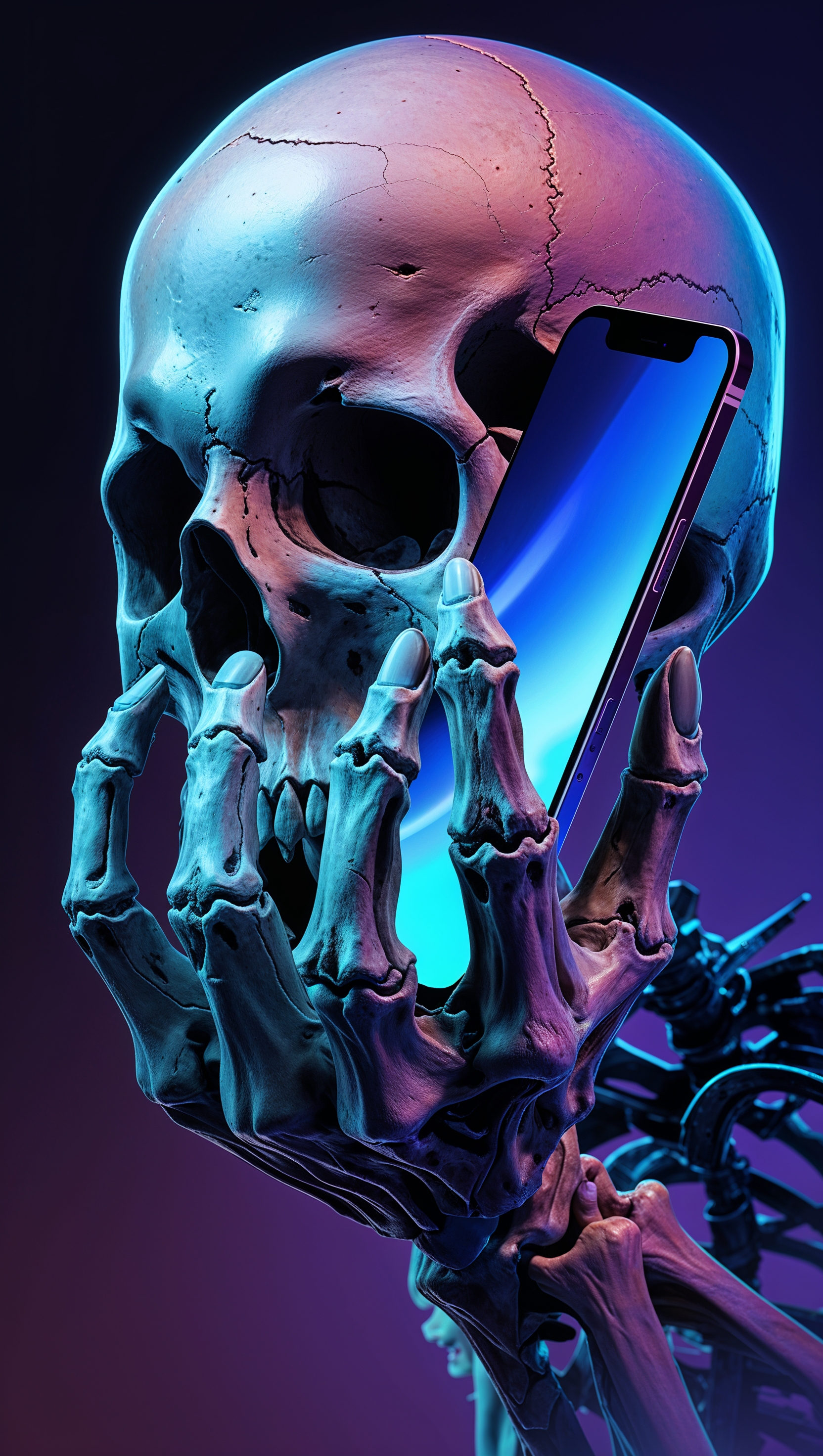 A graphic design of a skull with an iPhone in a person's hand