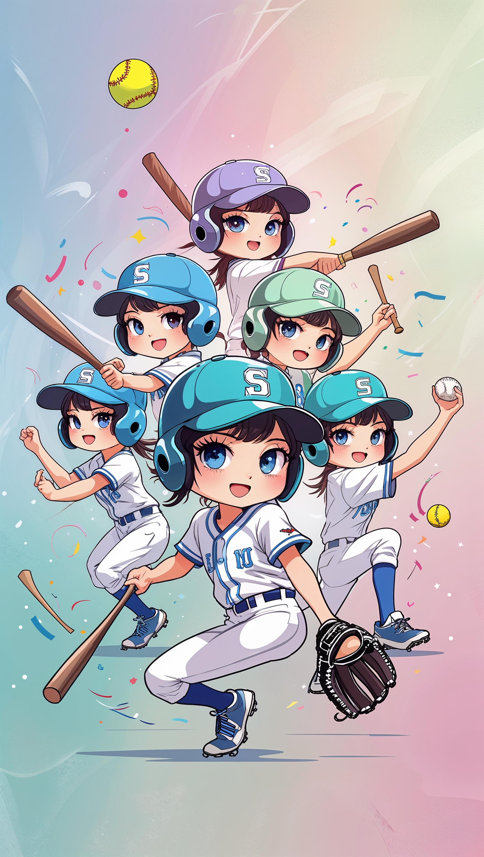 Cute chibi softball players, anime style, pastel colors, iPhone background