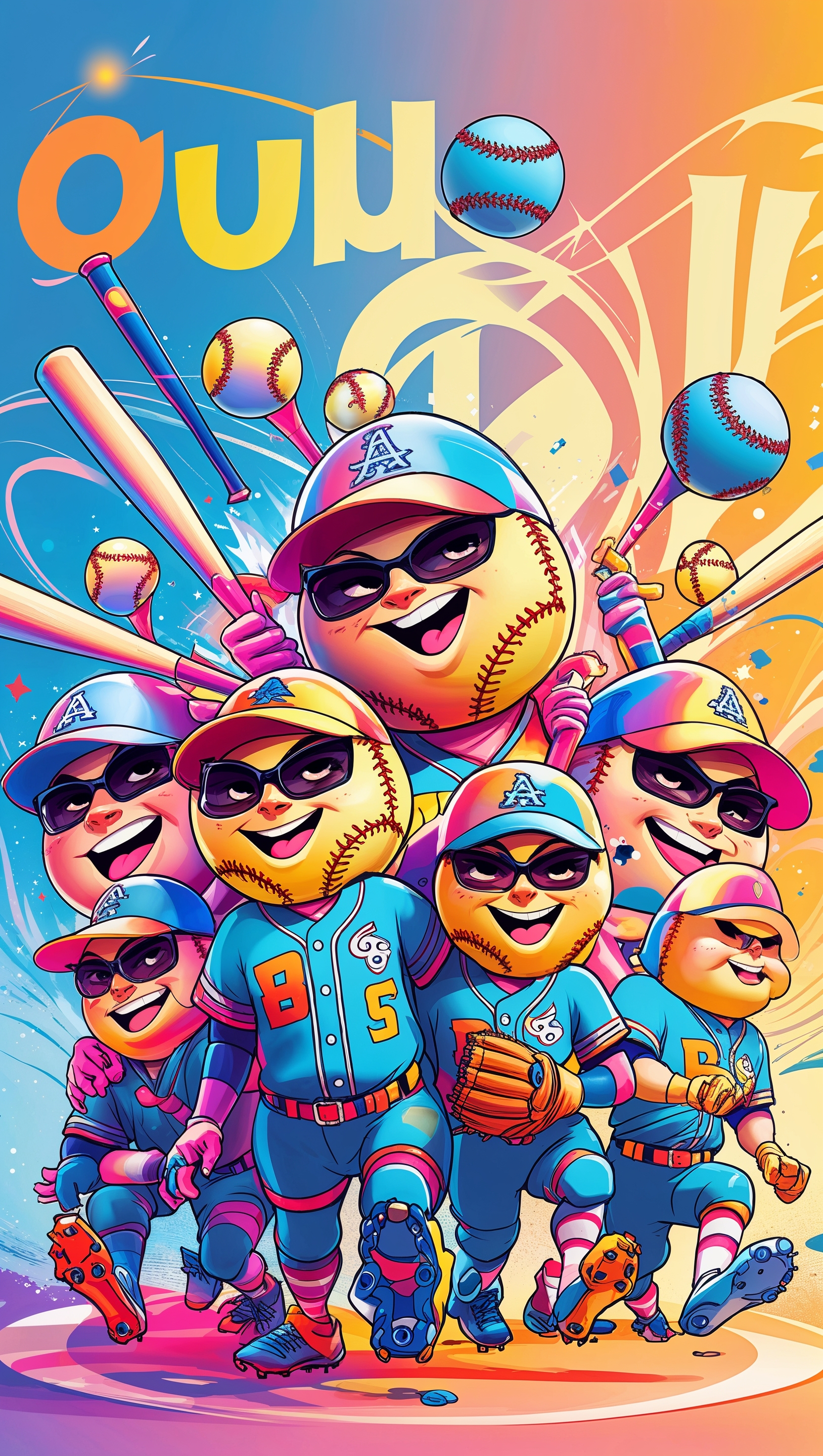 Cartoon-style softball characters in a fun scene, colorful, iPhone wallpaper