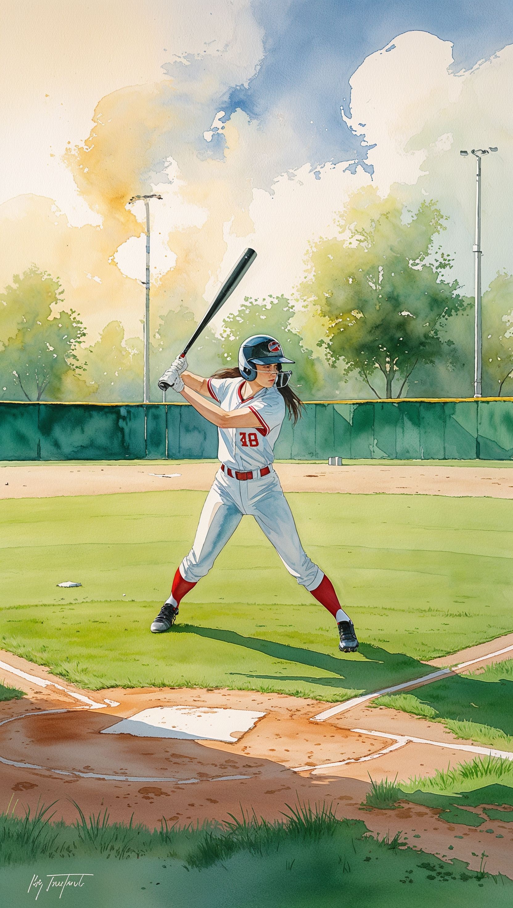 Watercolor painting of a softball scene, soft tones, artistic, iPhone background