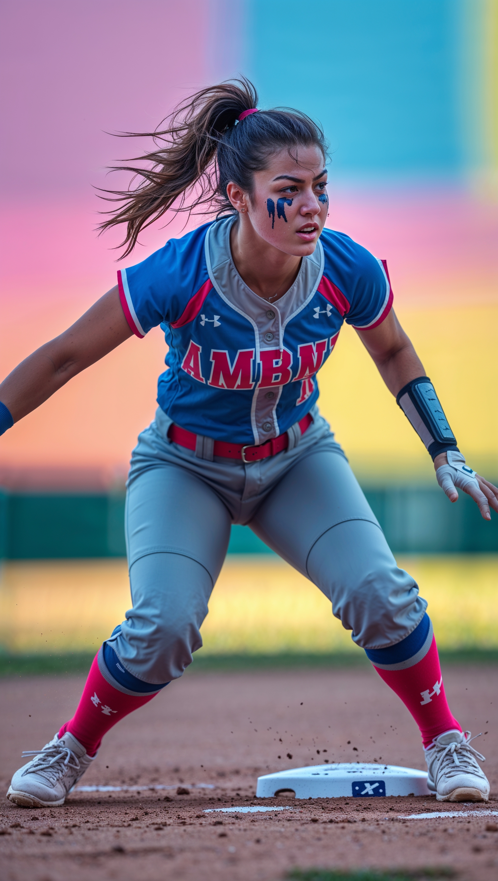 Female softball player sliding into base, action shot, vibrant colors, iPhone background