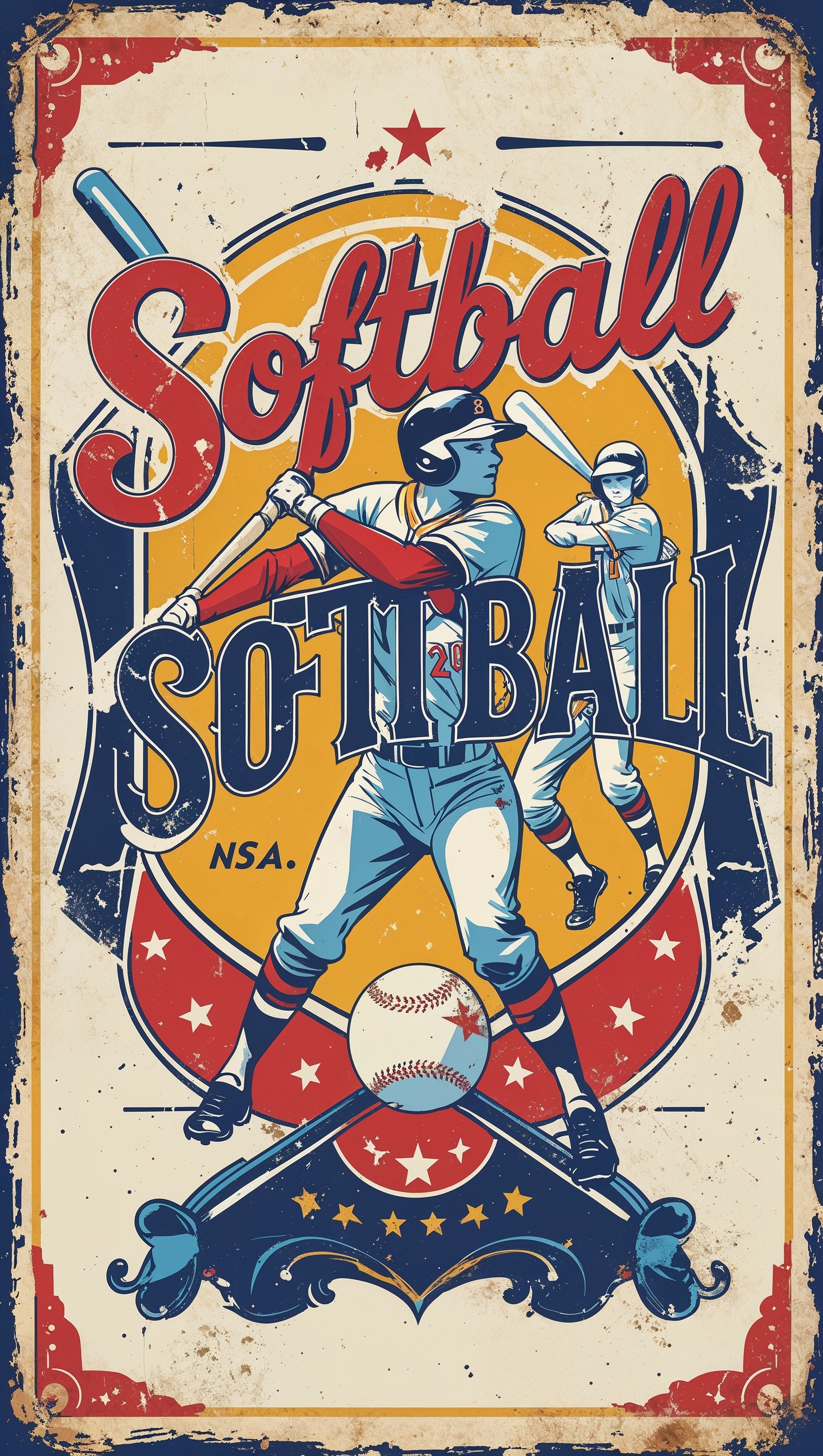 Vintage softball poster art, retro colors, nostalgic style, iPhone wallpaper