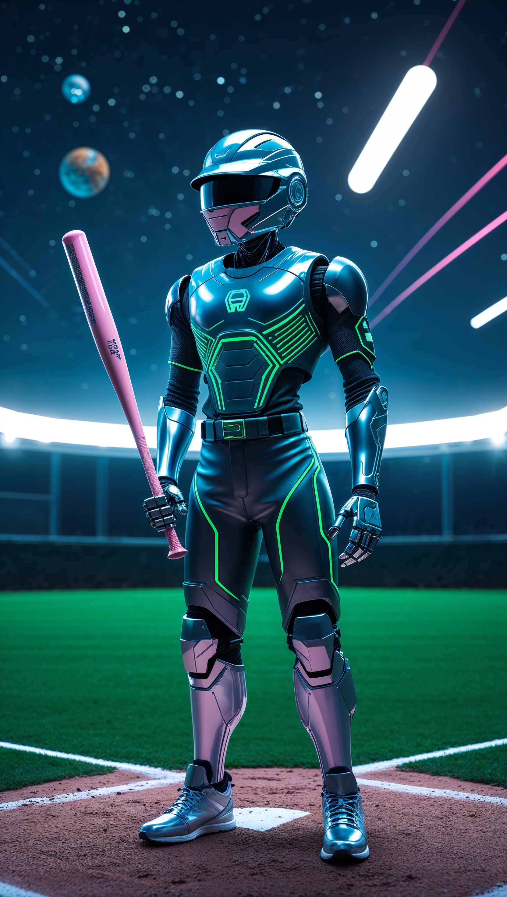Futuristic robot playing softball, sci-fi theme, iPhone wallpaper