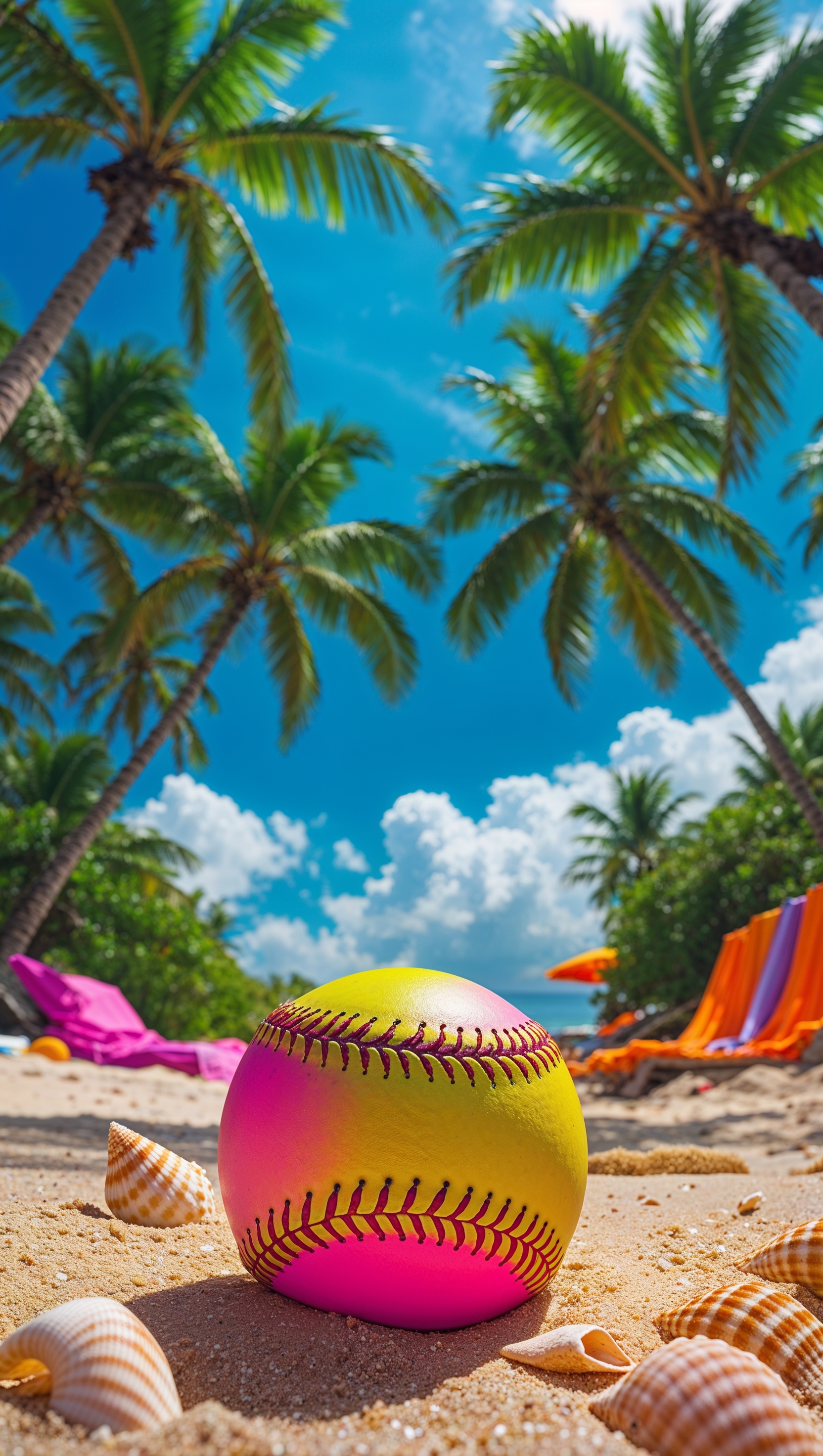 Softball on a beach, tropical summer vibes, bright colors, iPhone wallpaper