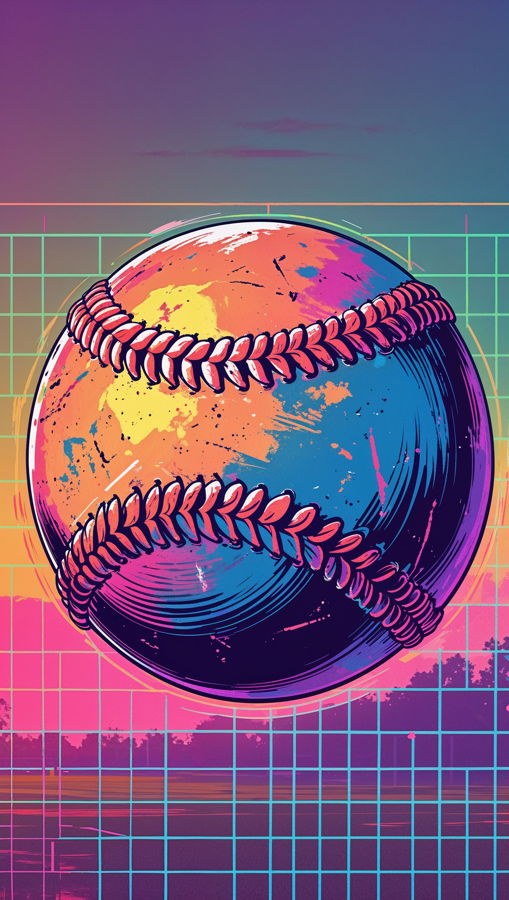 Retro 80s themed softball art with neon grids and sunset, iPhone background