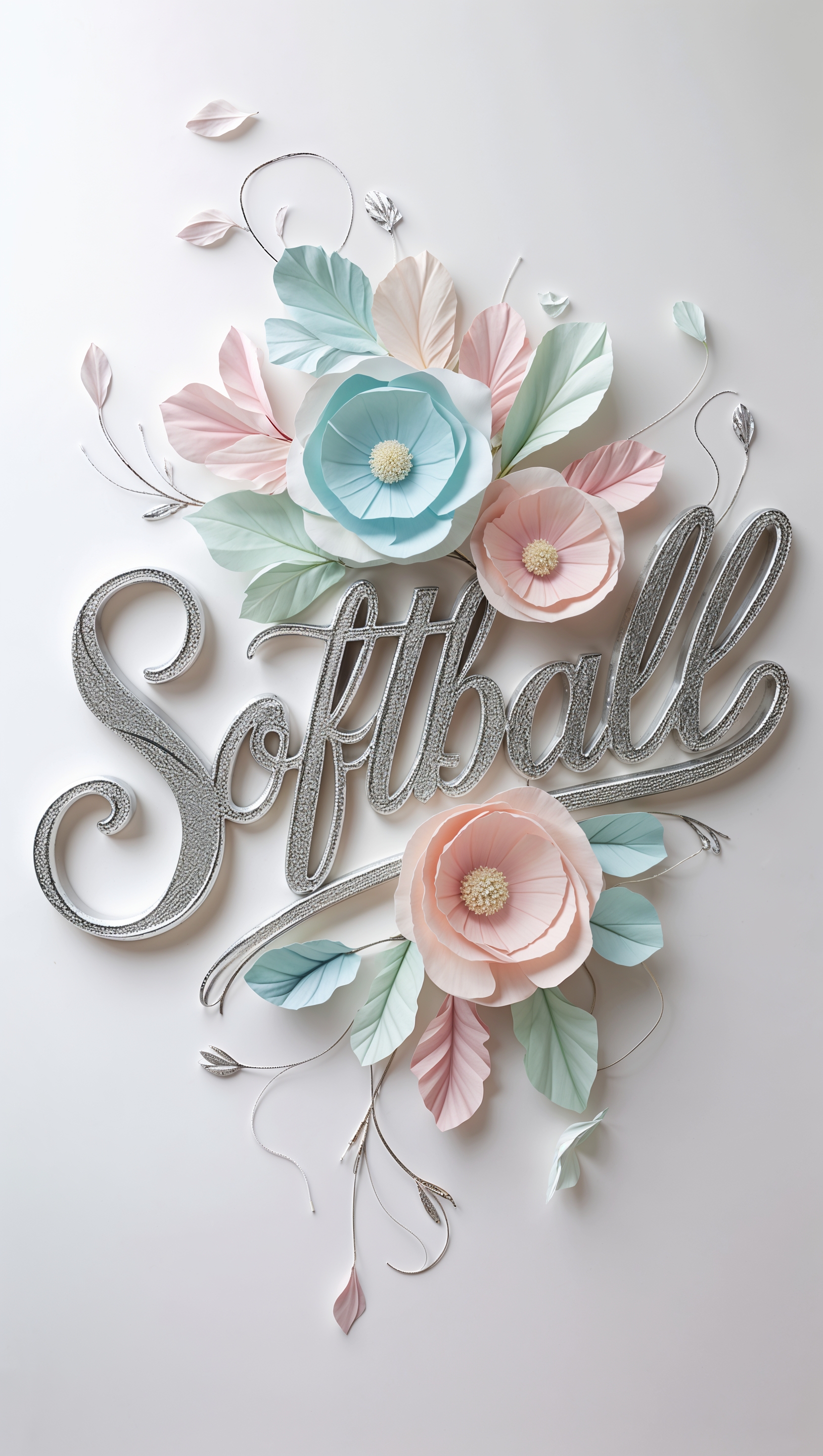 Elegant typography of the word "Softball" with floral decorations, iPhone background