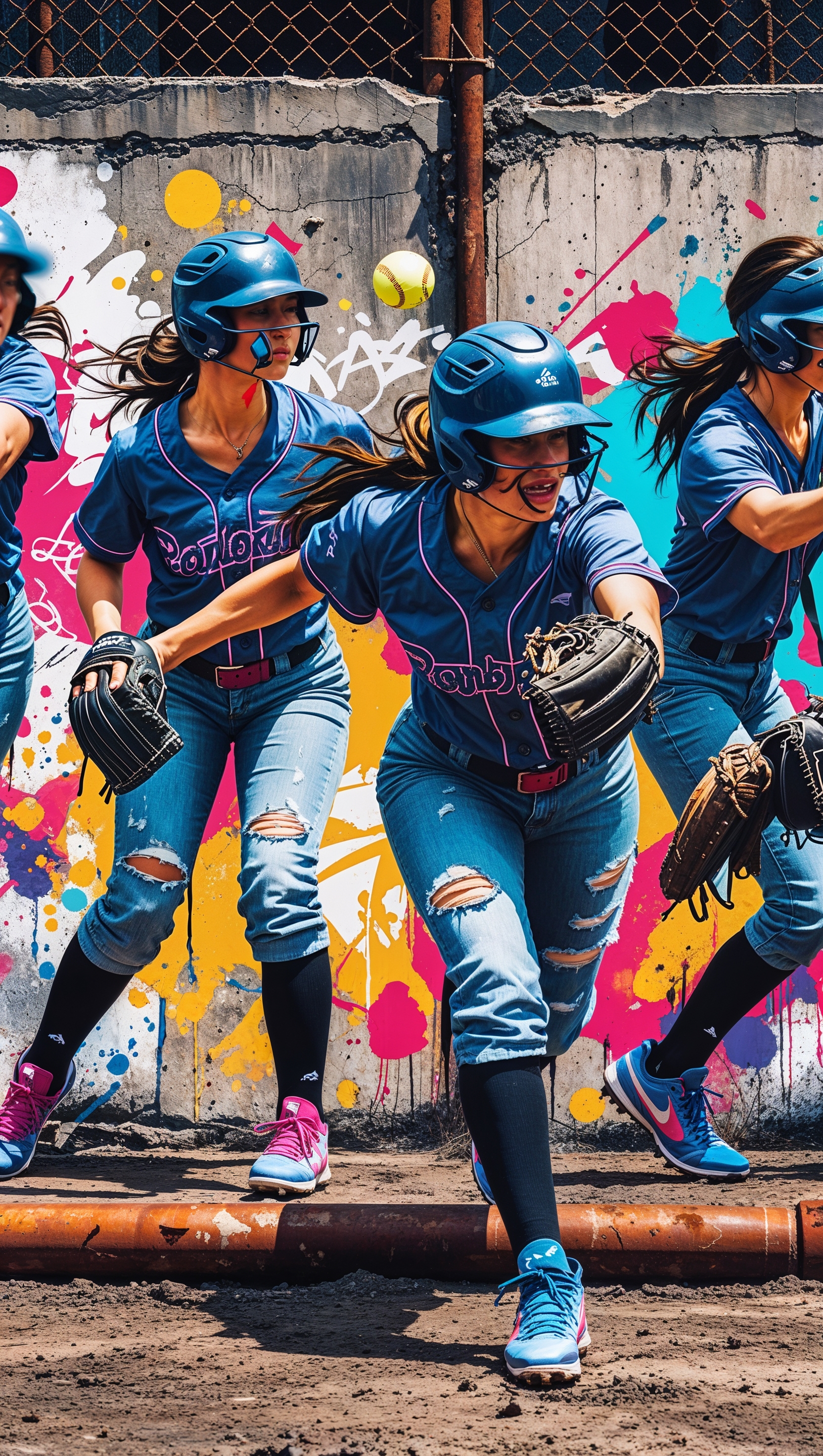 Cool graffiti art of softball players, urban street style, iPhone wallpaper