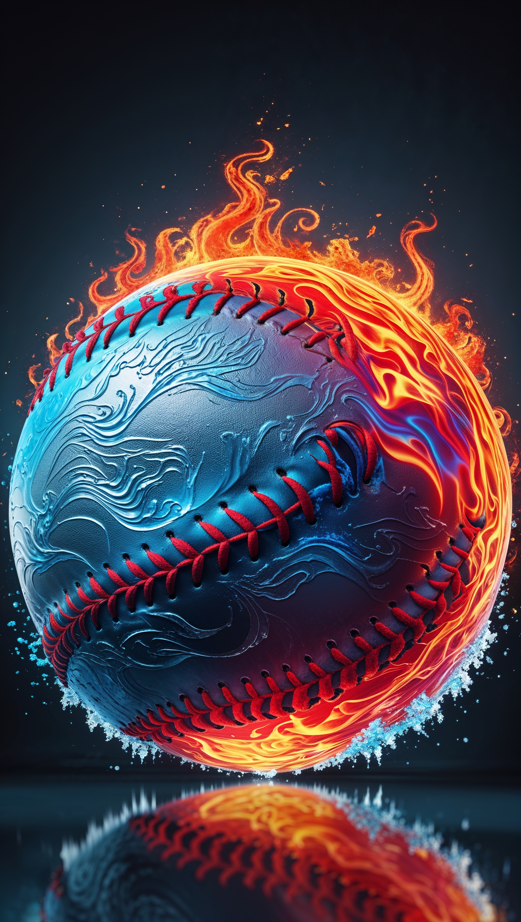Fire and ice themed softball, epic design, intense colors, iPhone background