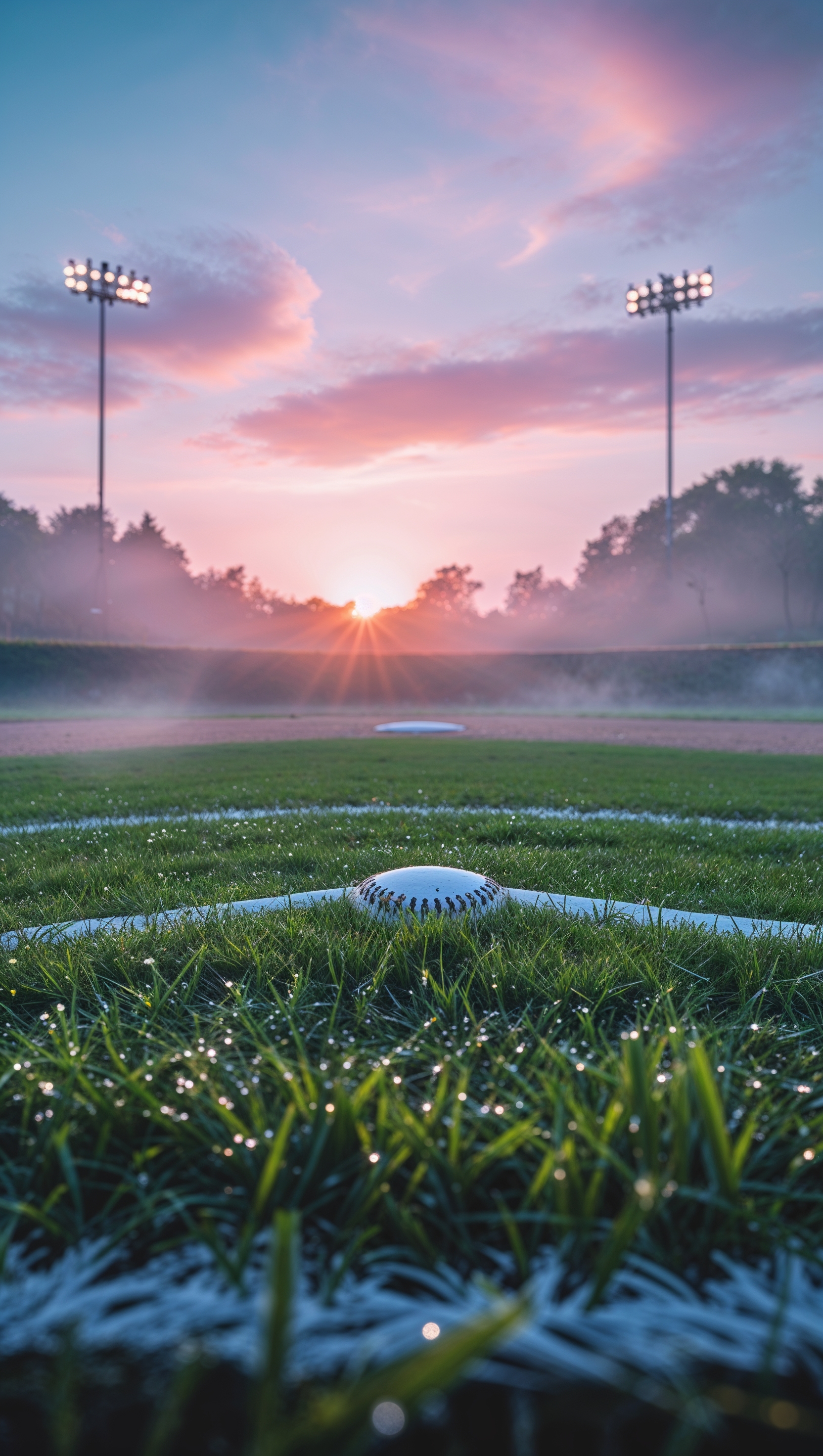 Softball field covered in morning dew, peaceful sunrise, iPhone wallpaper