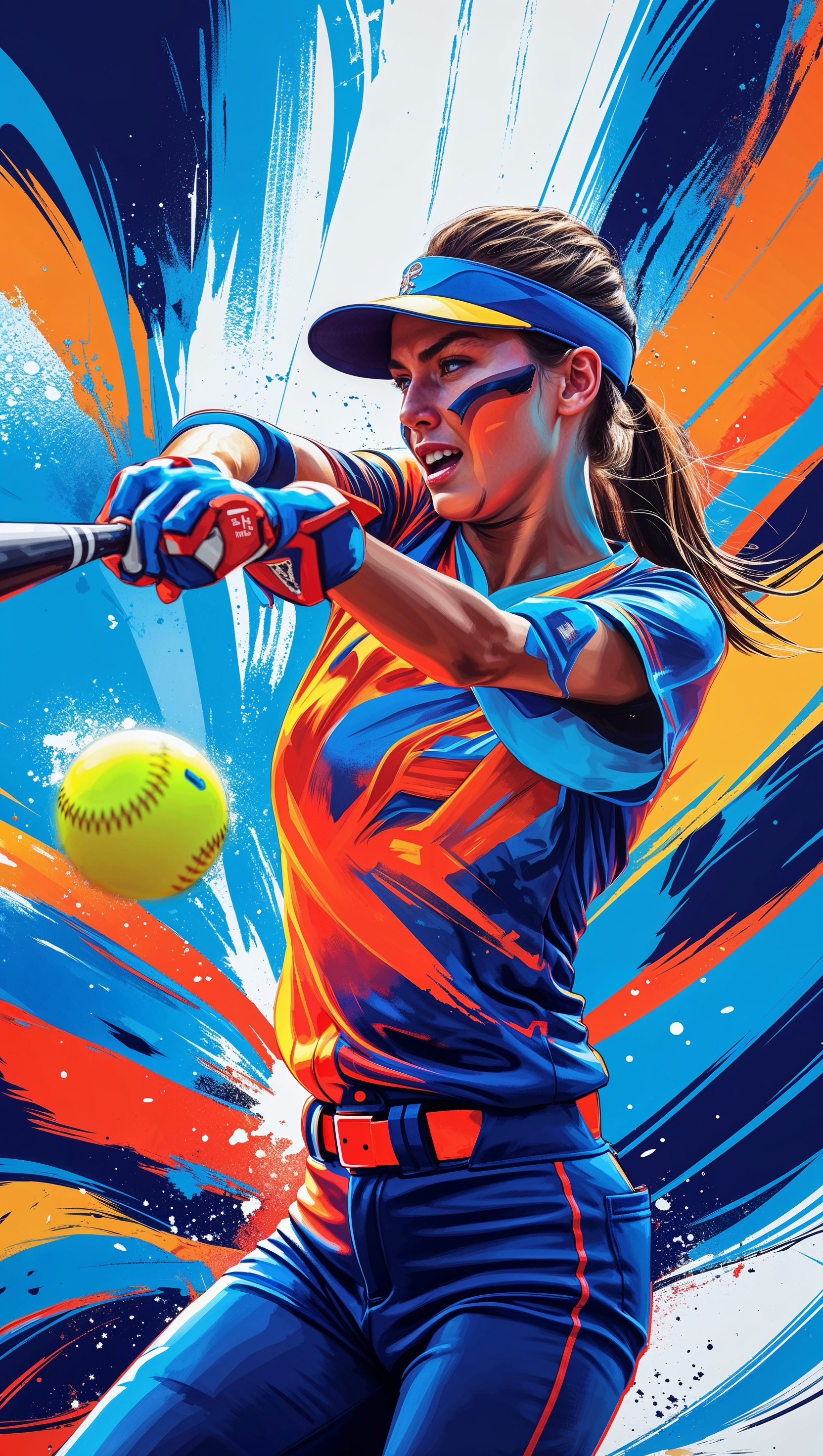 A dynamic softball player hitting the ball, colorful background, perfect for iPhone wallpaper
