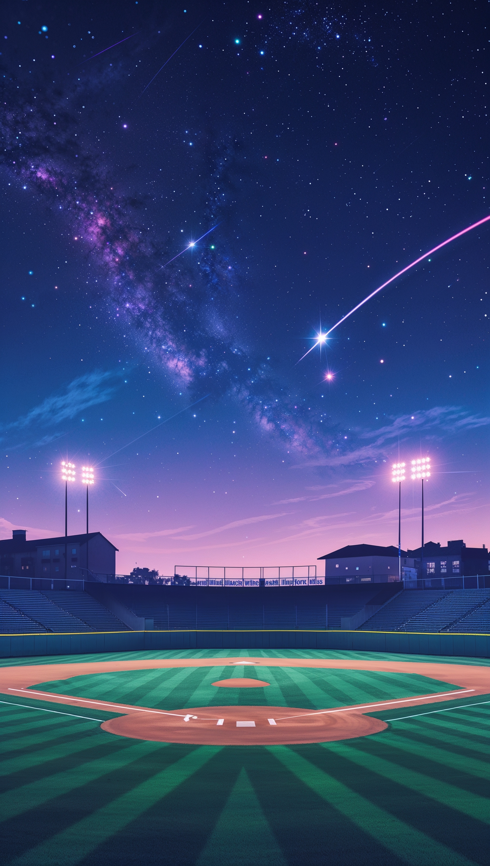 Softball stadium under starry night sky, dreamy atmosphere, iPhone wallpaper
