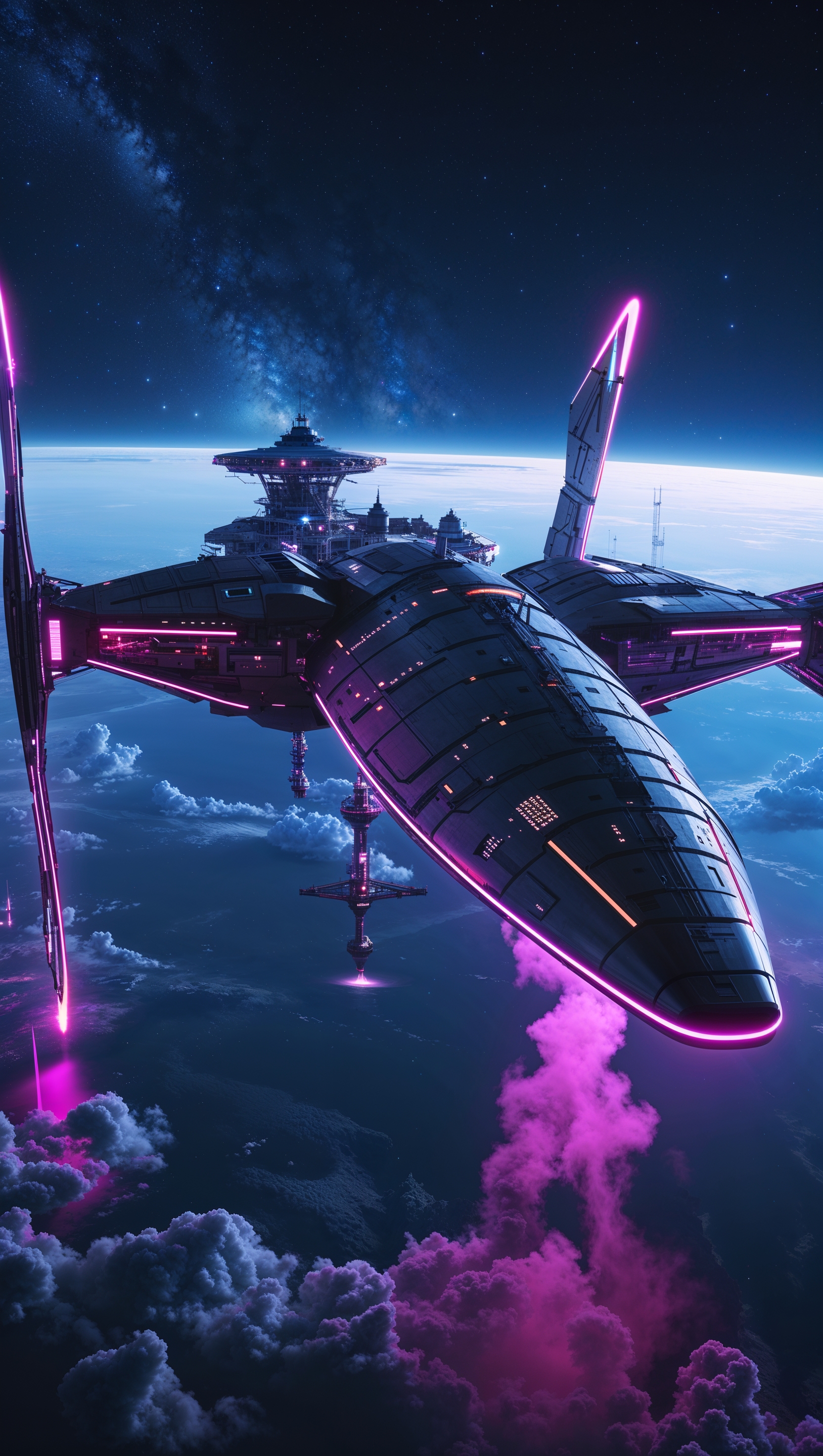 Floating space station above Earth, neon lights, realistic style, for iPhone, 4K