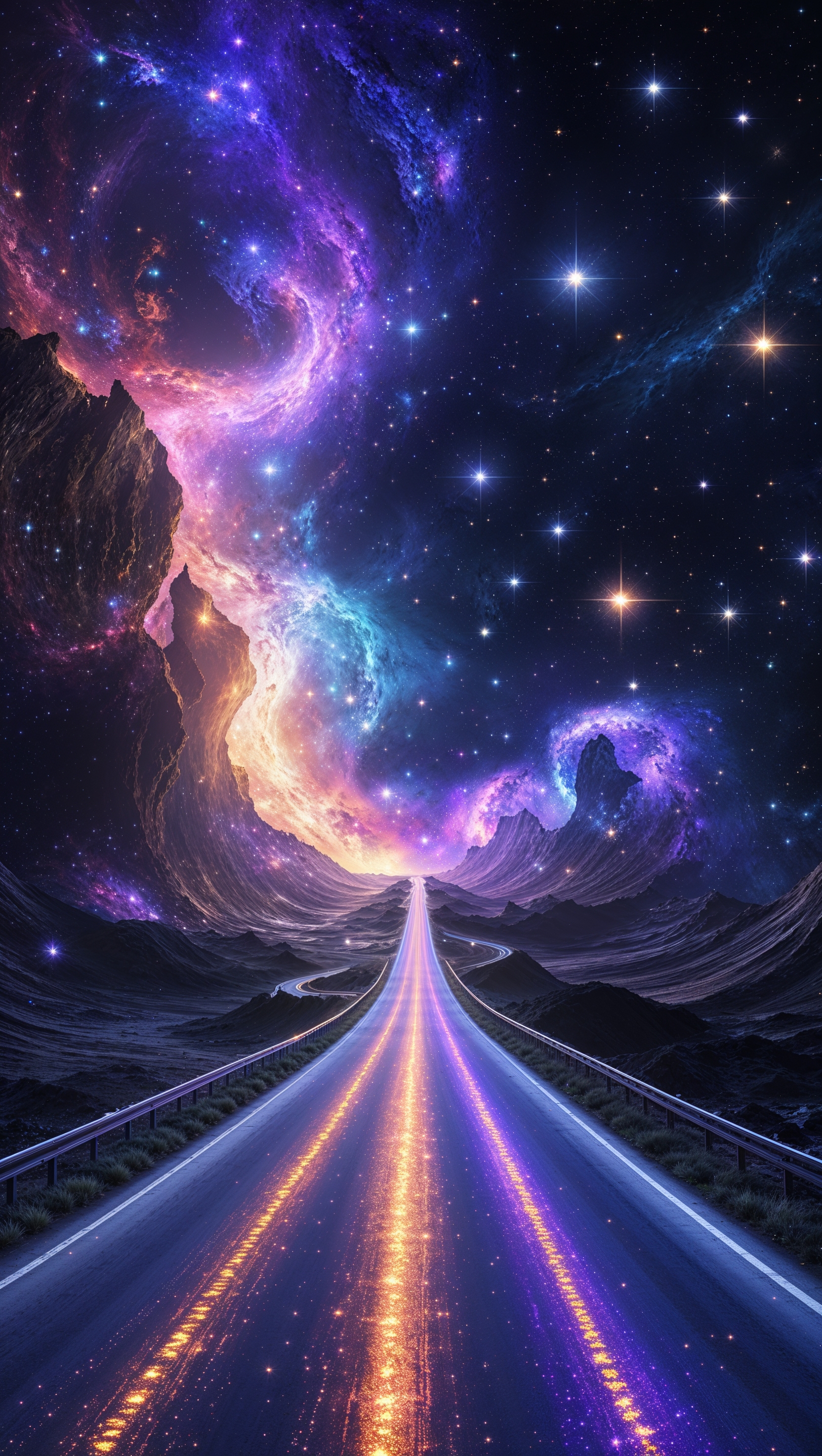 Cosmic road leading into the galaxy, blend of Earth and space, fantasy style, 4K