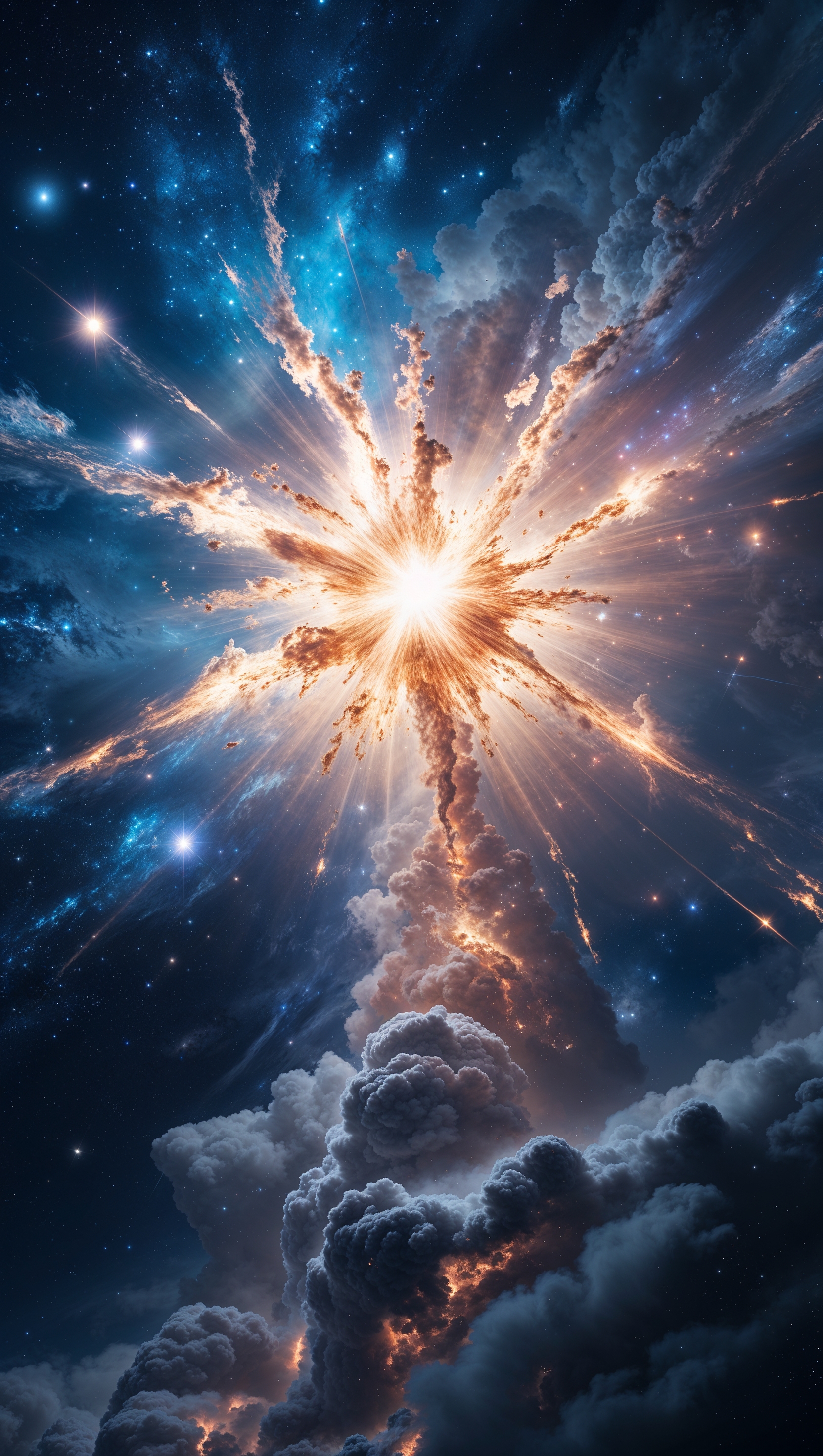 Newborn star exploding with light, powerful and energetic, vertical 4K
