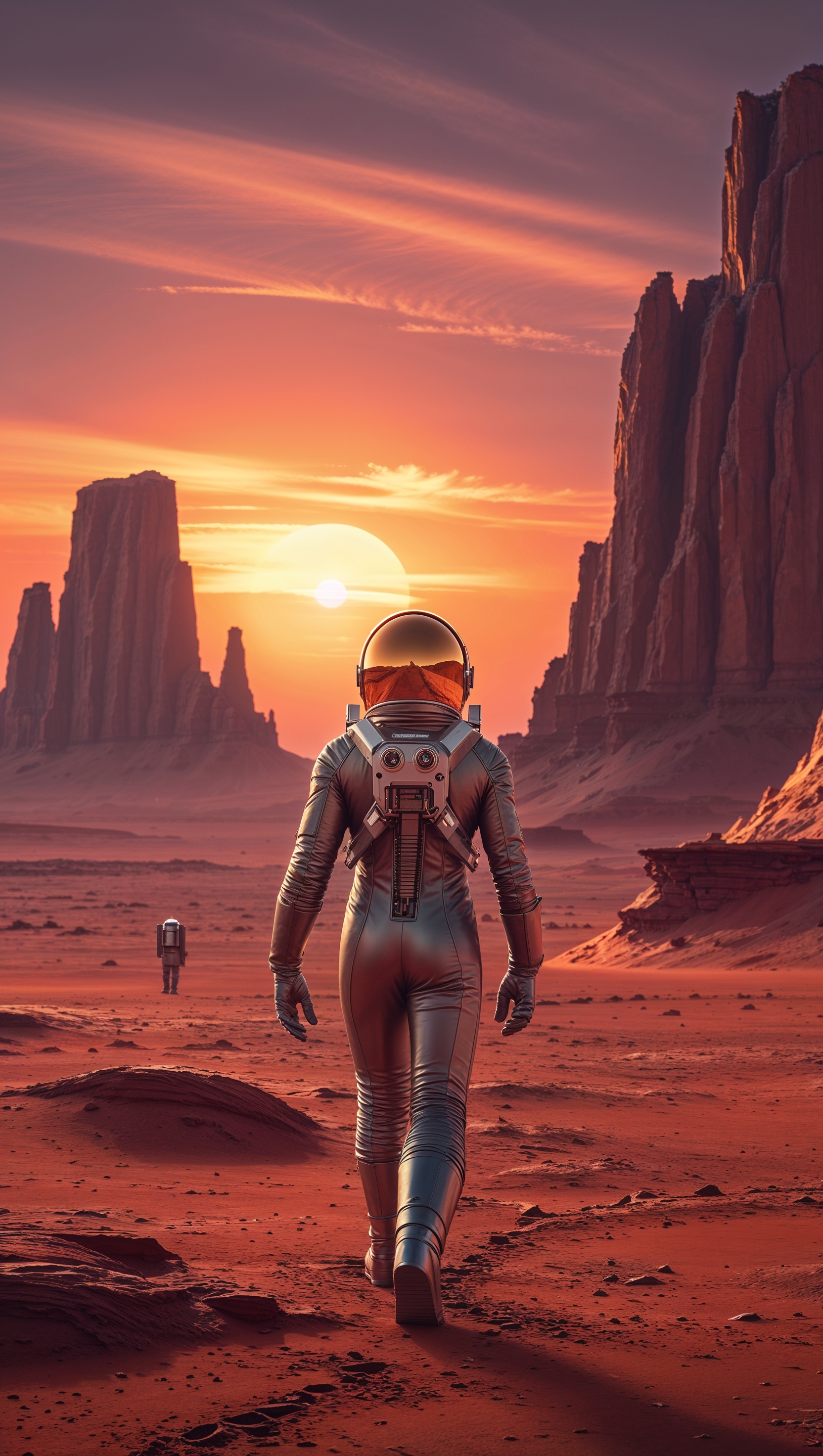 Astronaut walking on Mars at sunset, sci-fi landscape, high quality for iPhone