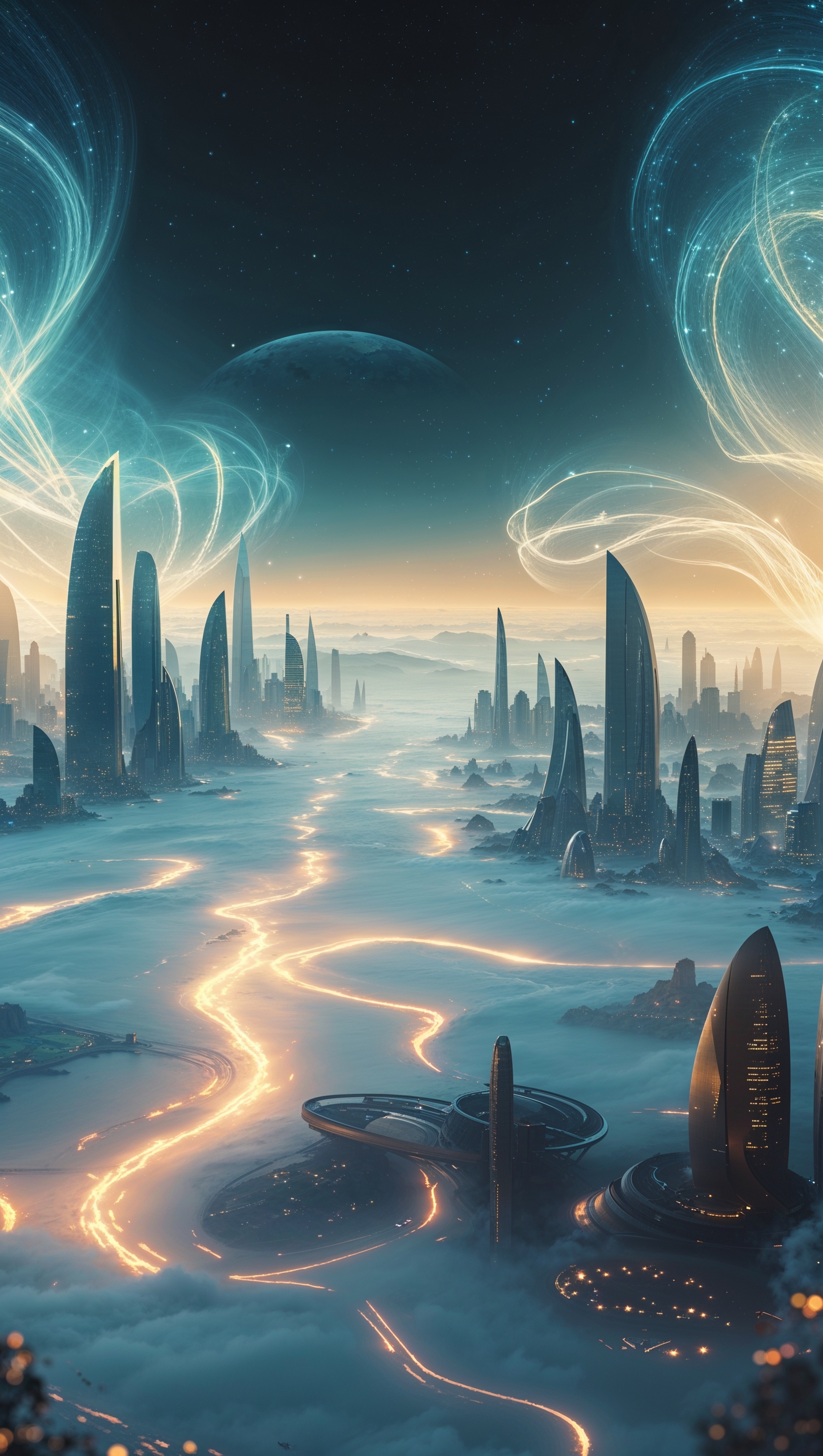 Futuristic city in space, misty lights, visionary background for iPhone, 4K