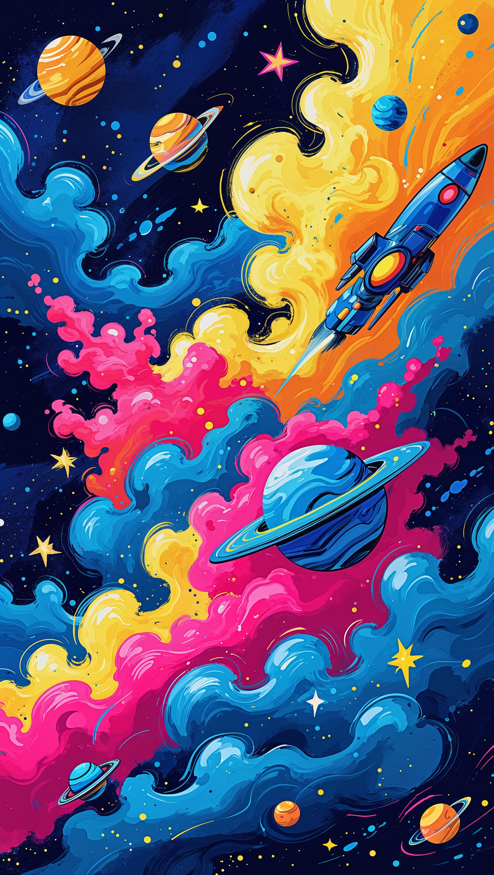 Digital painting of space with vivid colors, youth-friendly design, iPhone wallpaper