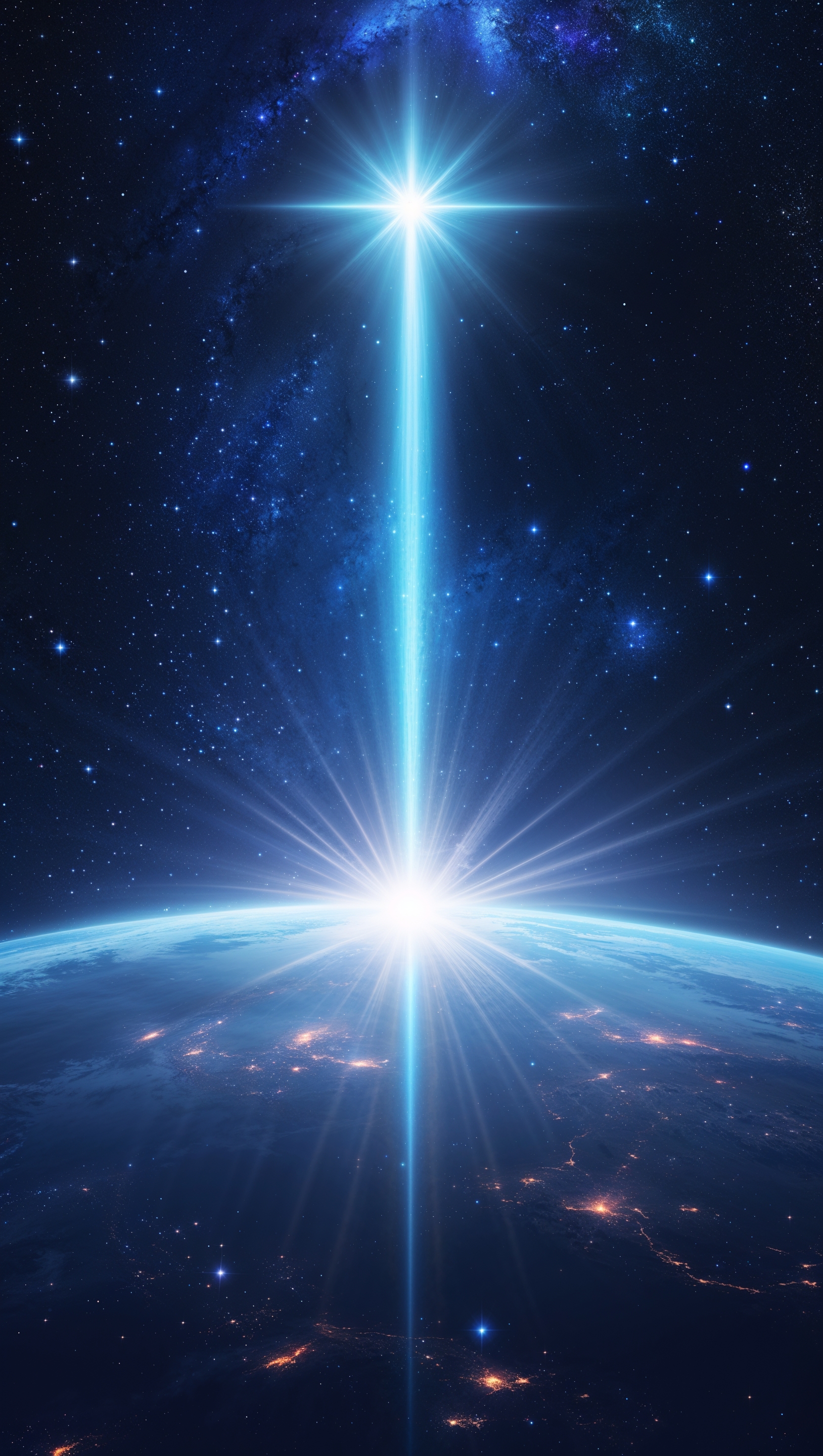Light beam rising from a planet into space, symbol of hope and connection, spiritual 4K