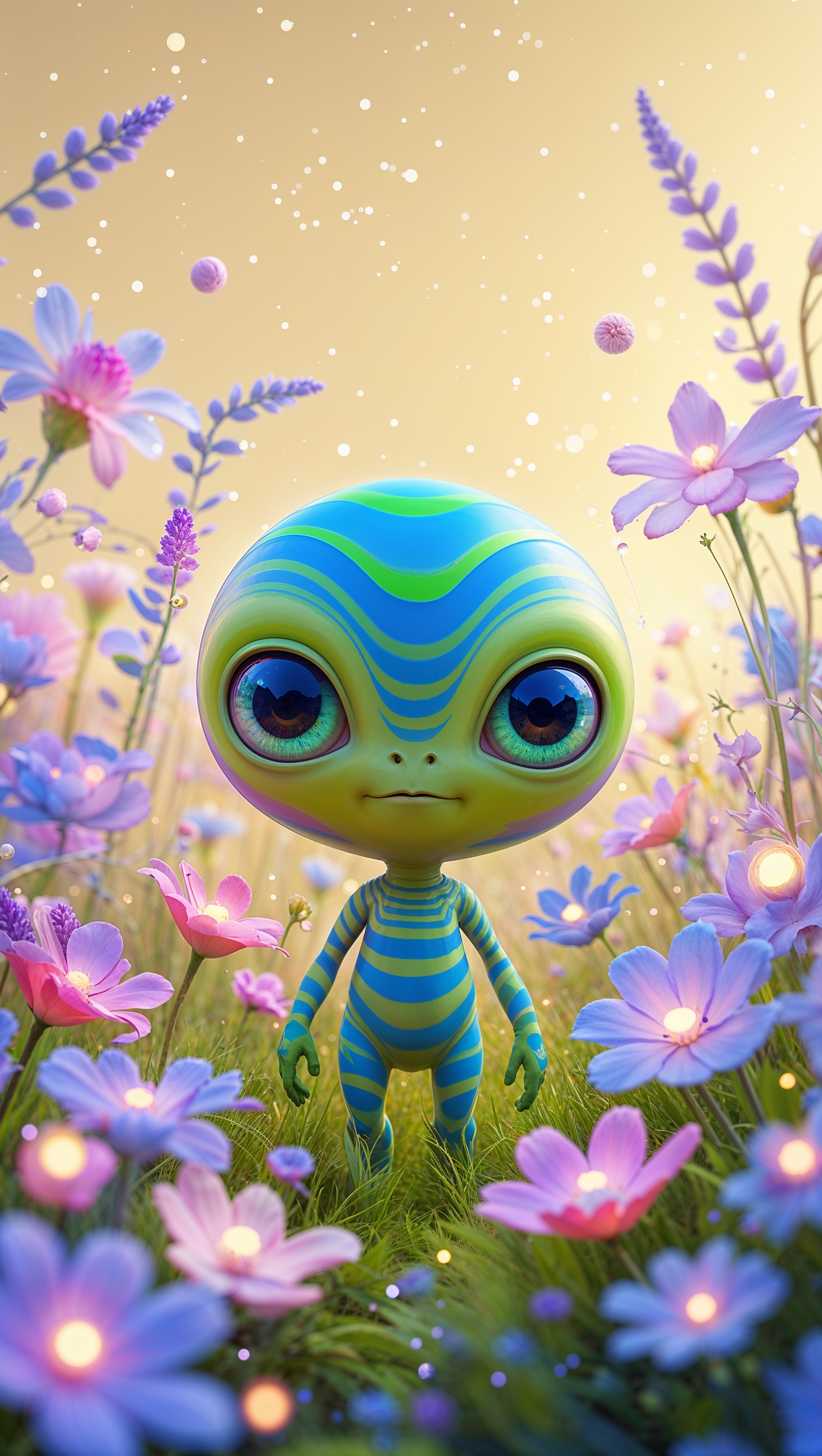 Cute alien in glowing flower field, childlike and fantasy mix, 4K iPhone wallpaper