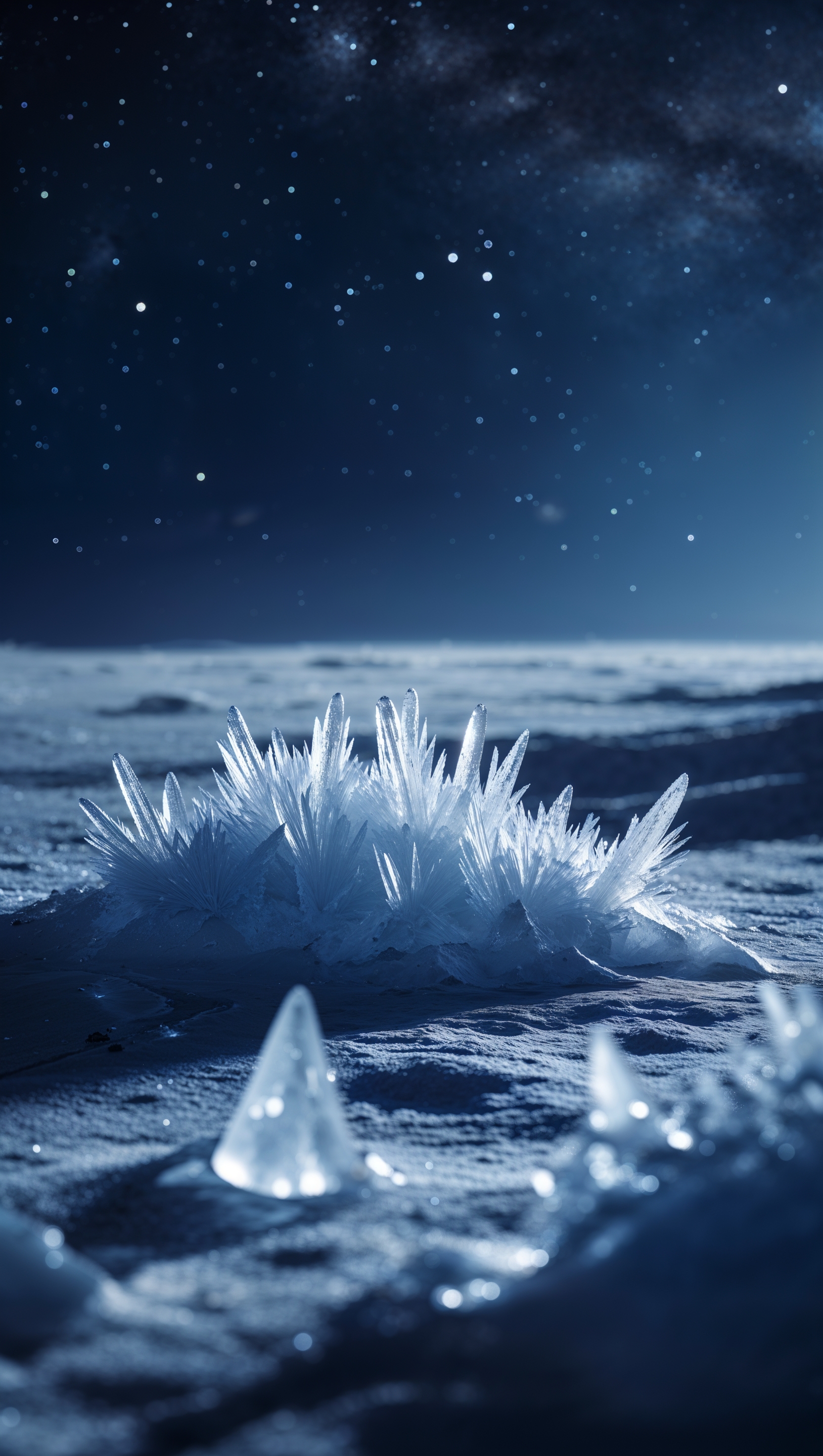 Icy moon surface with starlight reflections, cold and beautiful, iPhone 4K wallpaper