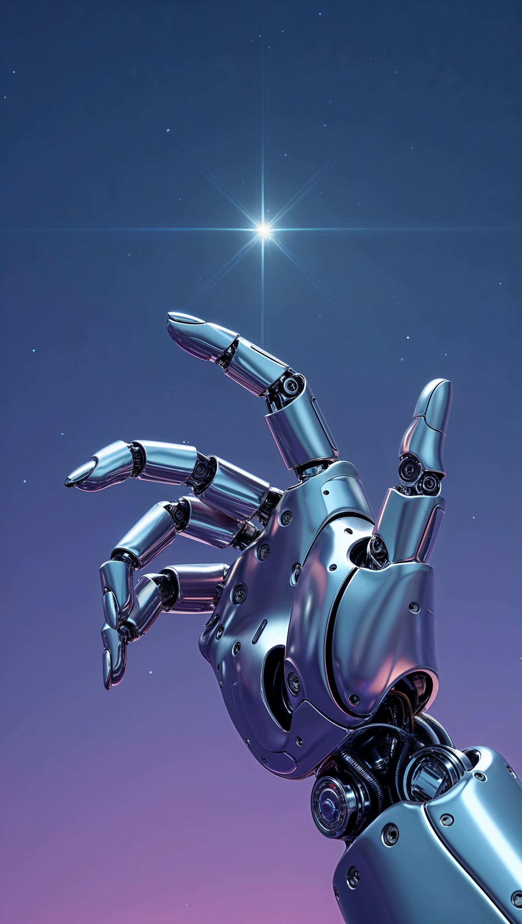 Robot hand pointing to a distant star, metaphor for the future, 4K iPhone image