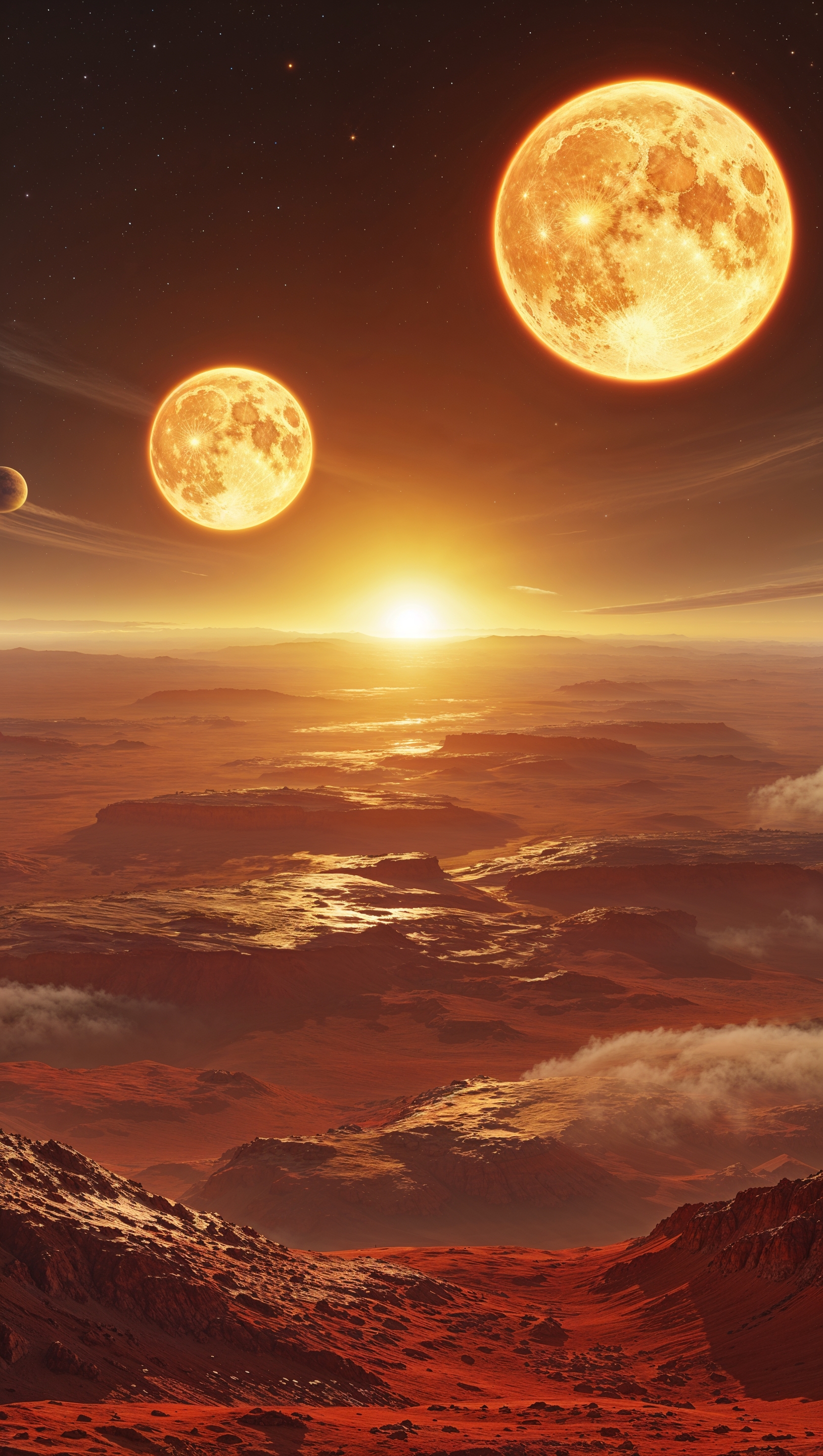 Planet with twin suns on the horizon, inspired by sci-fi films, high-resolution