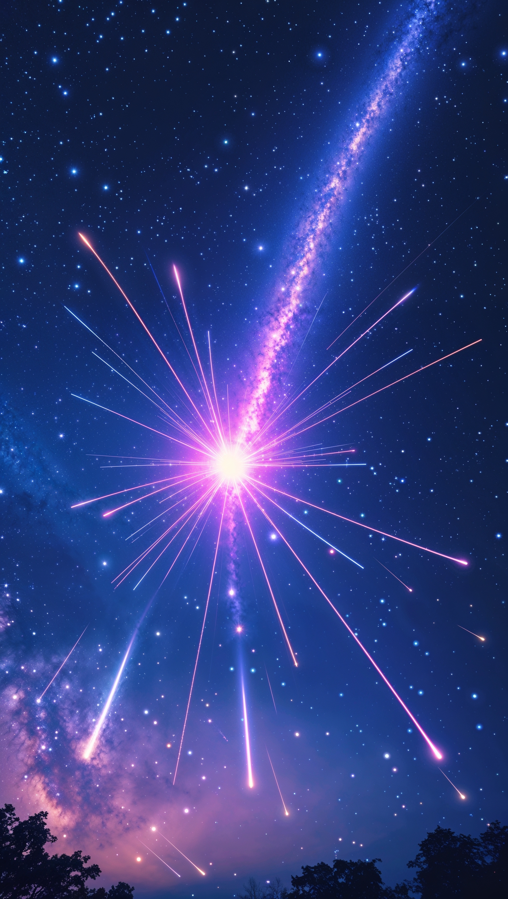 Meteor shower across a starry night sky, dynamic and exciting, 4K iPhone wallpaper