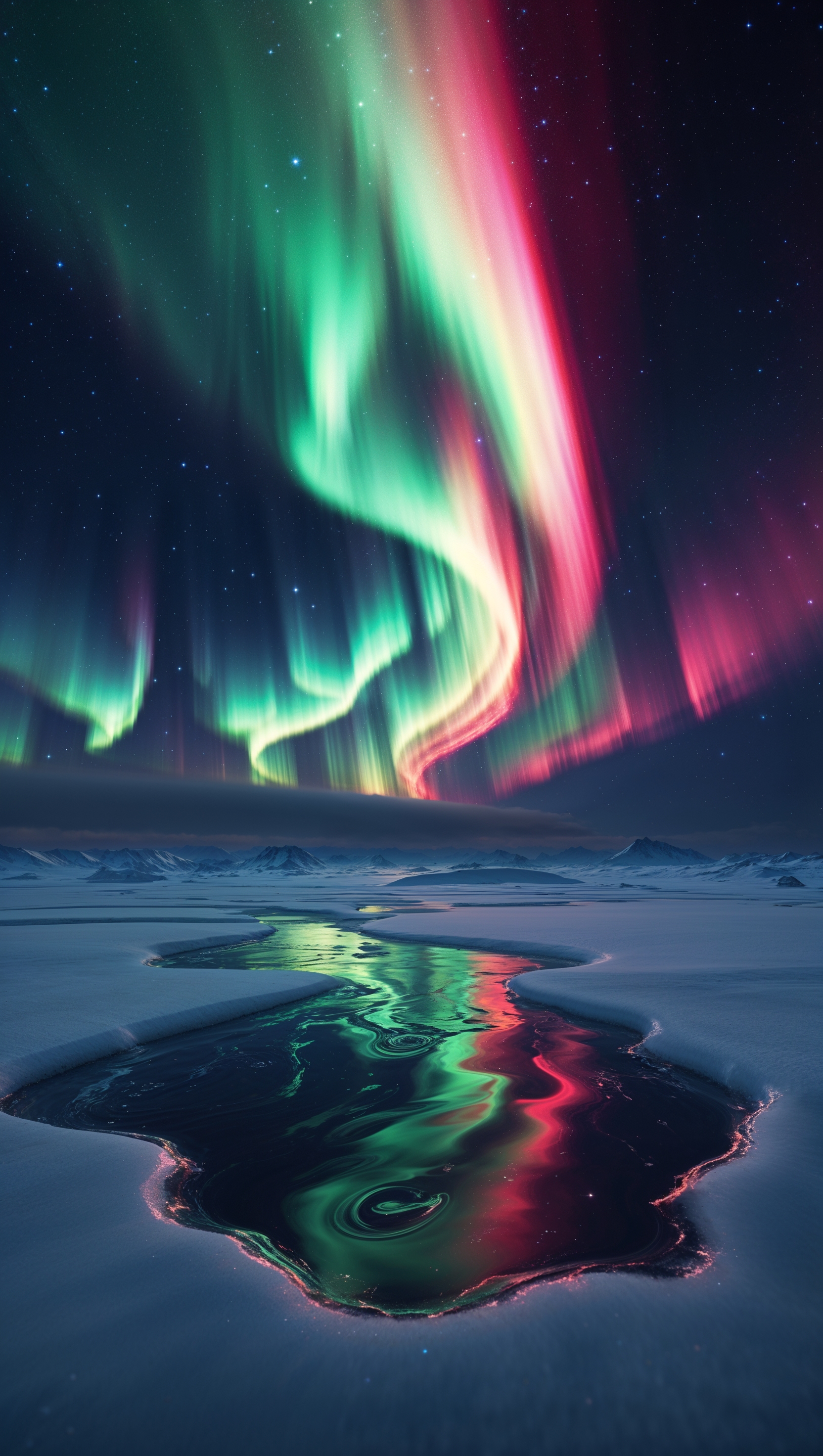 Aurora lights in space, reflected on an icy surface, ultra-high quality for iPhone